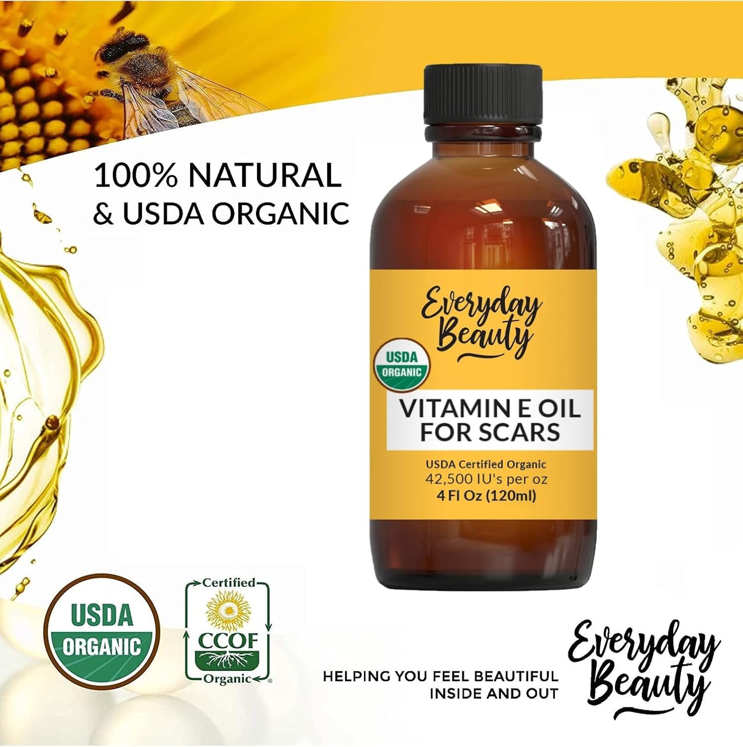 Organic Vitamin E Oil for Scars - All Natural & Vegan Skin Moisturizer 4oz - Light and Unscented Great for Scars After Surgery - Reduce Wrinkles, Anti Aging, Lighten Dark Spots - Face, Skin & All Over