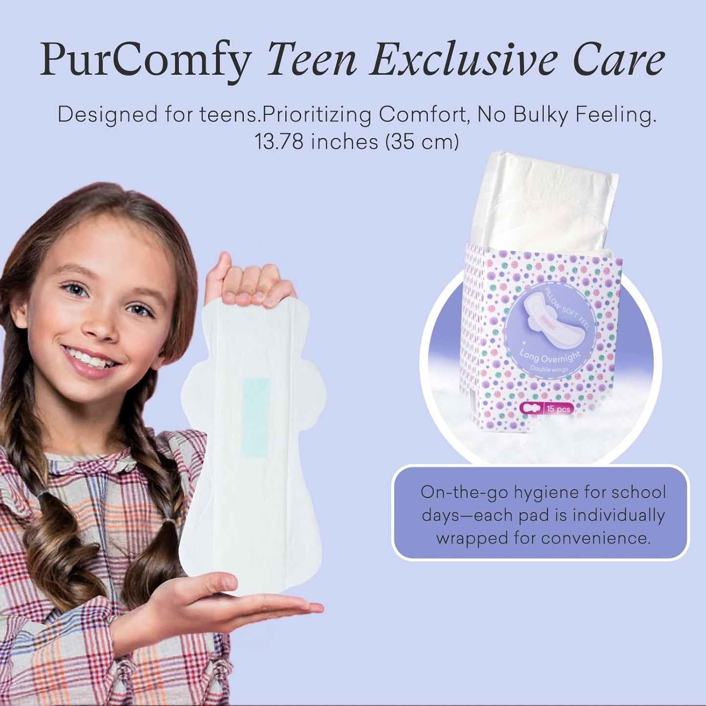 Teens Maxi Period Pads with Wings for Tweens, Organic Cotton Sanitary Pads for Teens Girls 9-14, Long Overnight Size, 15 CT