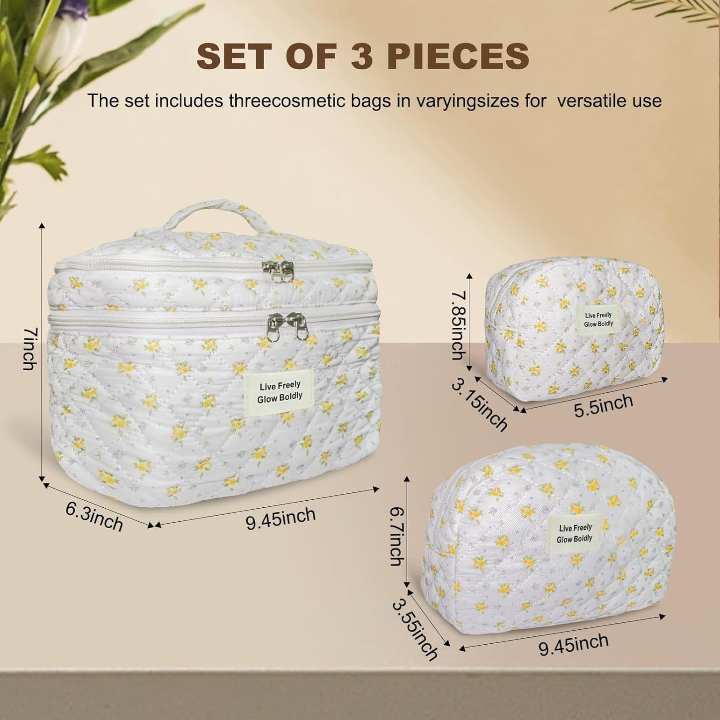 3Pcs Large Travel Quilted Makeup Bag, Double Layer Cute Floral Cotton Toiletry Bag, Aesthetic Flower Cosmetic Bag Coquette Skincare Organizer Bag for Women (76-YellowFloral)
