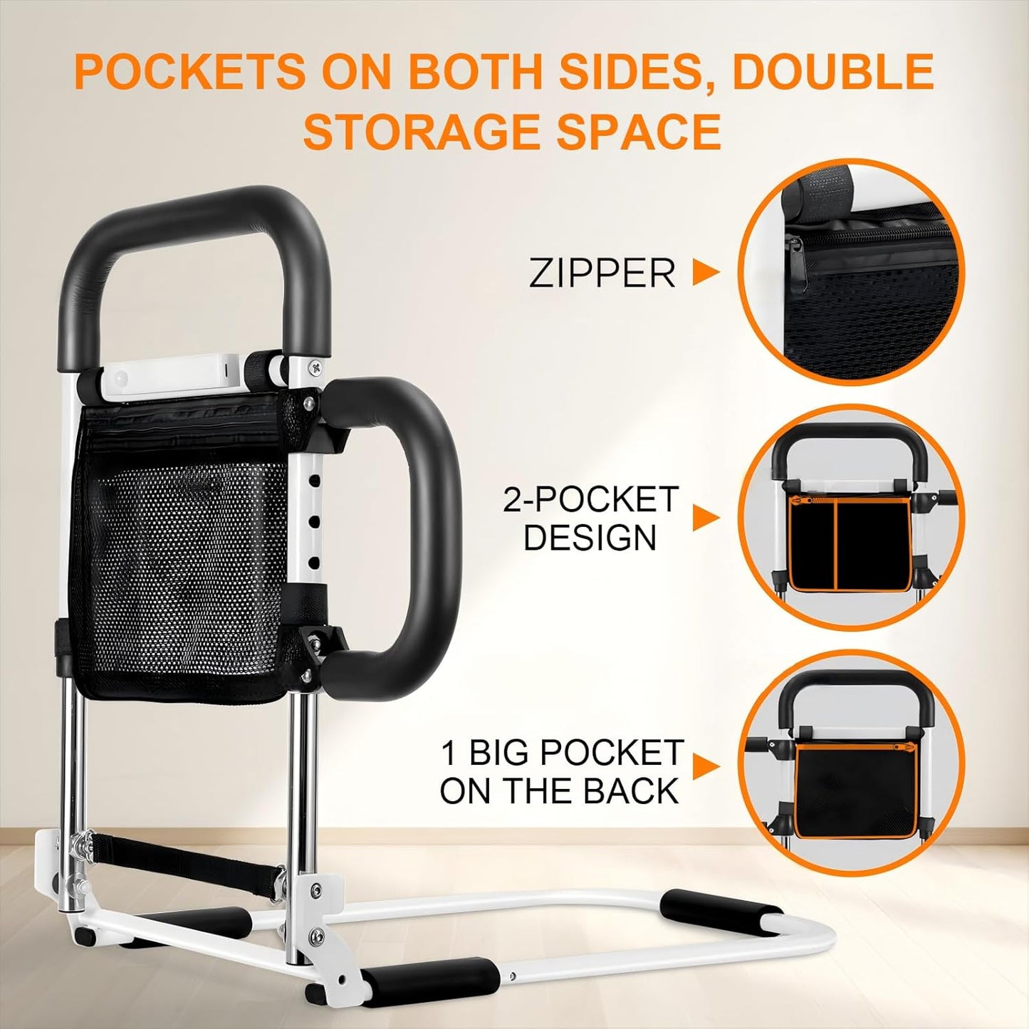 Foldable Bed-Rails for Elderly Adults Safety with LED Night Light and Three Storage Pockets, Adjustable Bed-Assist-Rails for Seniors,Portable & Sturdy Grab Bar Bed Cane for King/Queen/Full/Twin