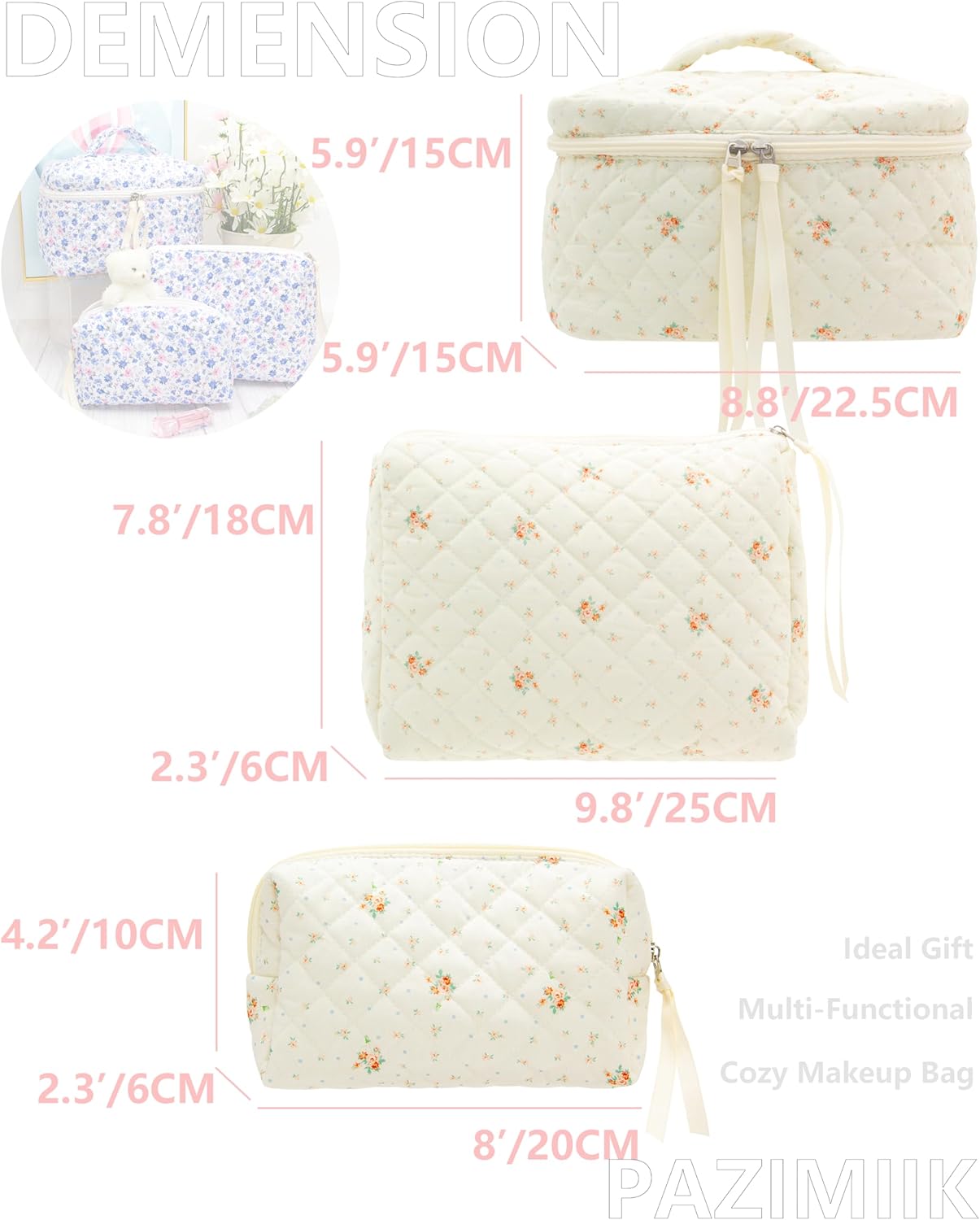 PAZIMIIK 3PCS Makeup Bag SET Large Travel Quilted Zipper Soft Cosmetic Case Pouch for Women Girls Make Up,Floral White