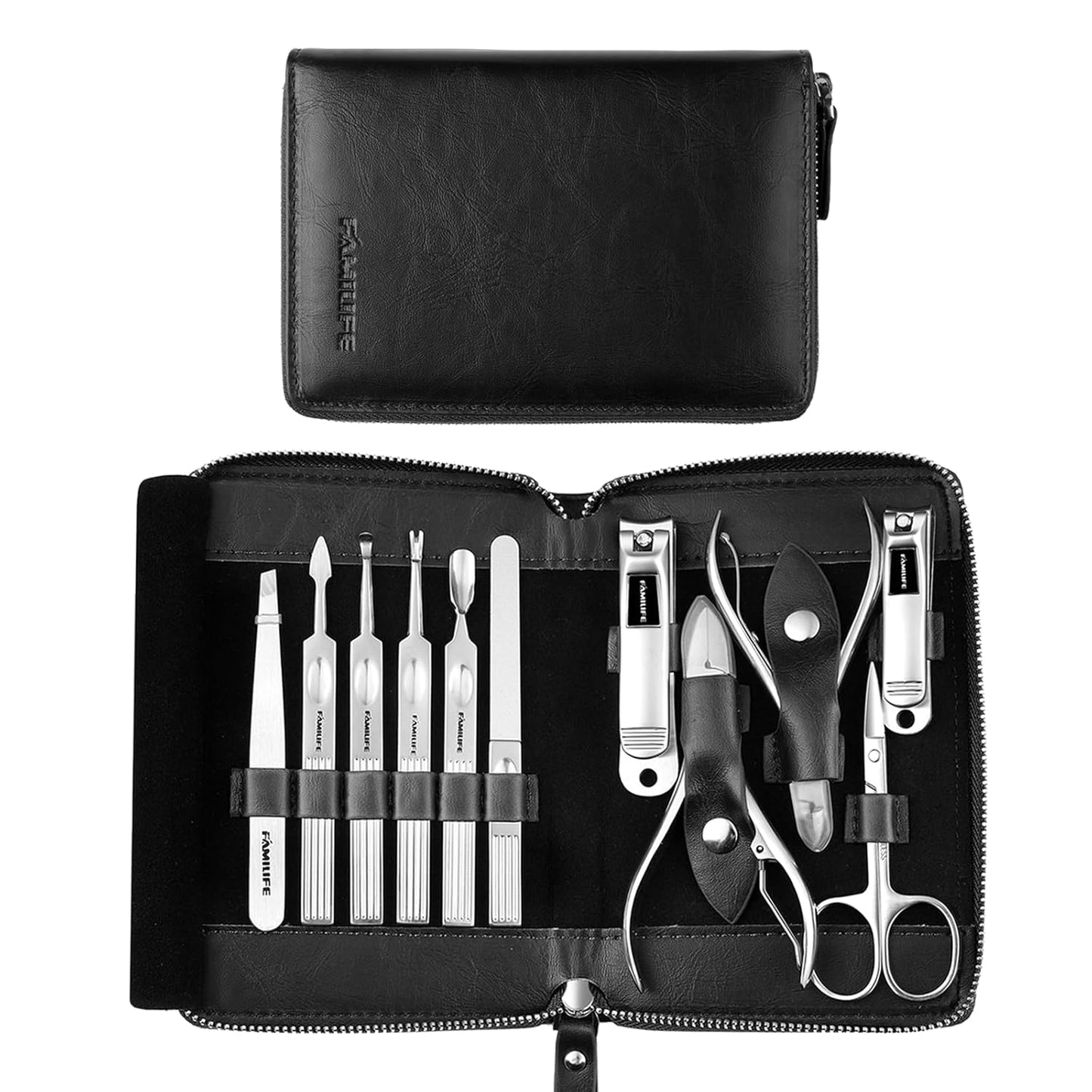 Manicure Kit, FAMILIFE Professional Manicure Set Nail Kit, 11 in 1 Stainless Steel Nail Clippers Set for Men Pedicure Kit, Men Grooming Kit with Portable Black Leather Travel Case Luxury Gifts for Him