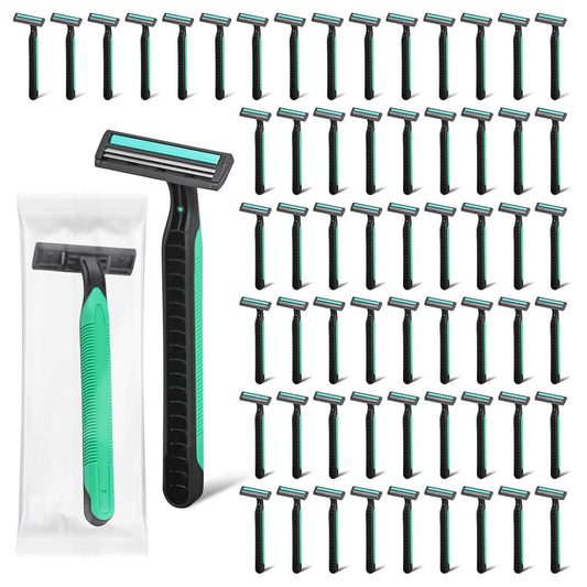 Disposable Twin Blade Razors in Bulk, Individually Wrapped - Clear Safety Cap, For Homeless, Hotel, Airbnb, Travel (pack of 50,green)