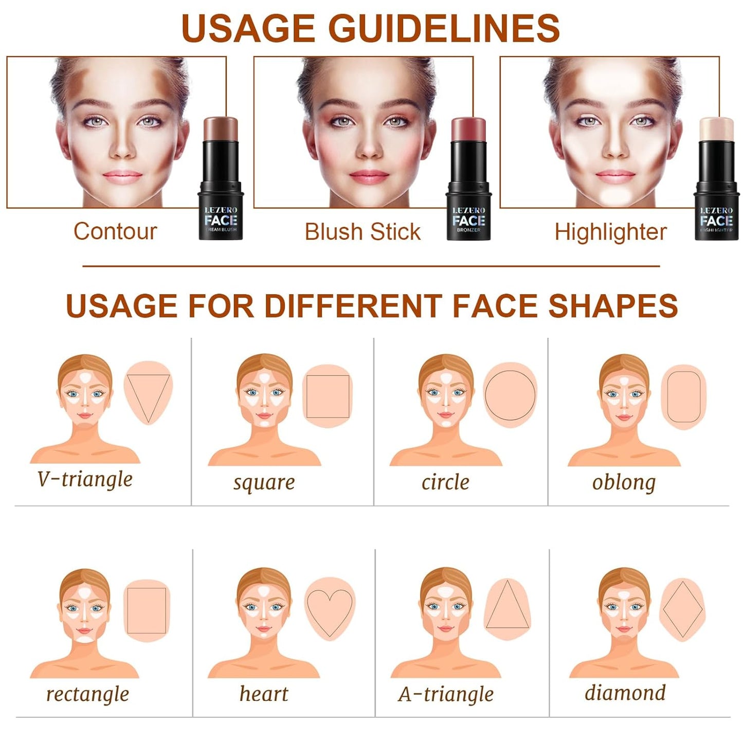 3Pcs Contour Stick Makeup Set, Shades with Highlighter Blush Bronzer Stick Kit for Sculpt the Cheeks and All Skin Type, Longwear Smooth Non-greasy Formula for All Skin Types, Mature