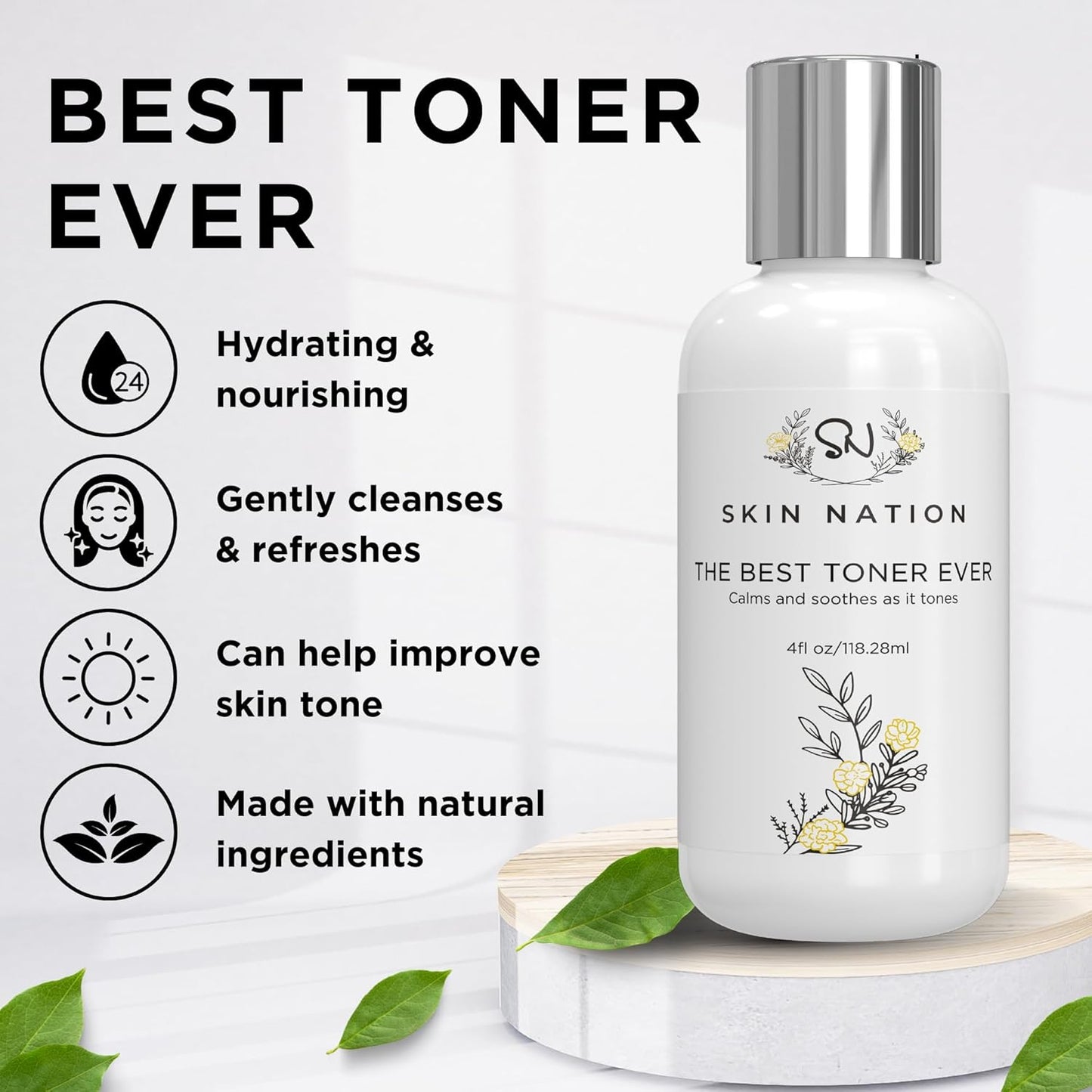 Skin Nation Hydrating Gentle Rosewater Toner with Aloe Vera and Chamomile, Alcohol-Free and Paraben-Free, for Dry, Sensitive, Oily and Combination Skin, 4 fl oz