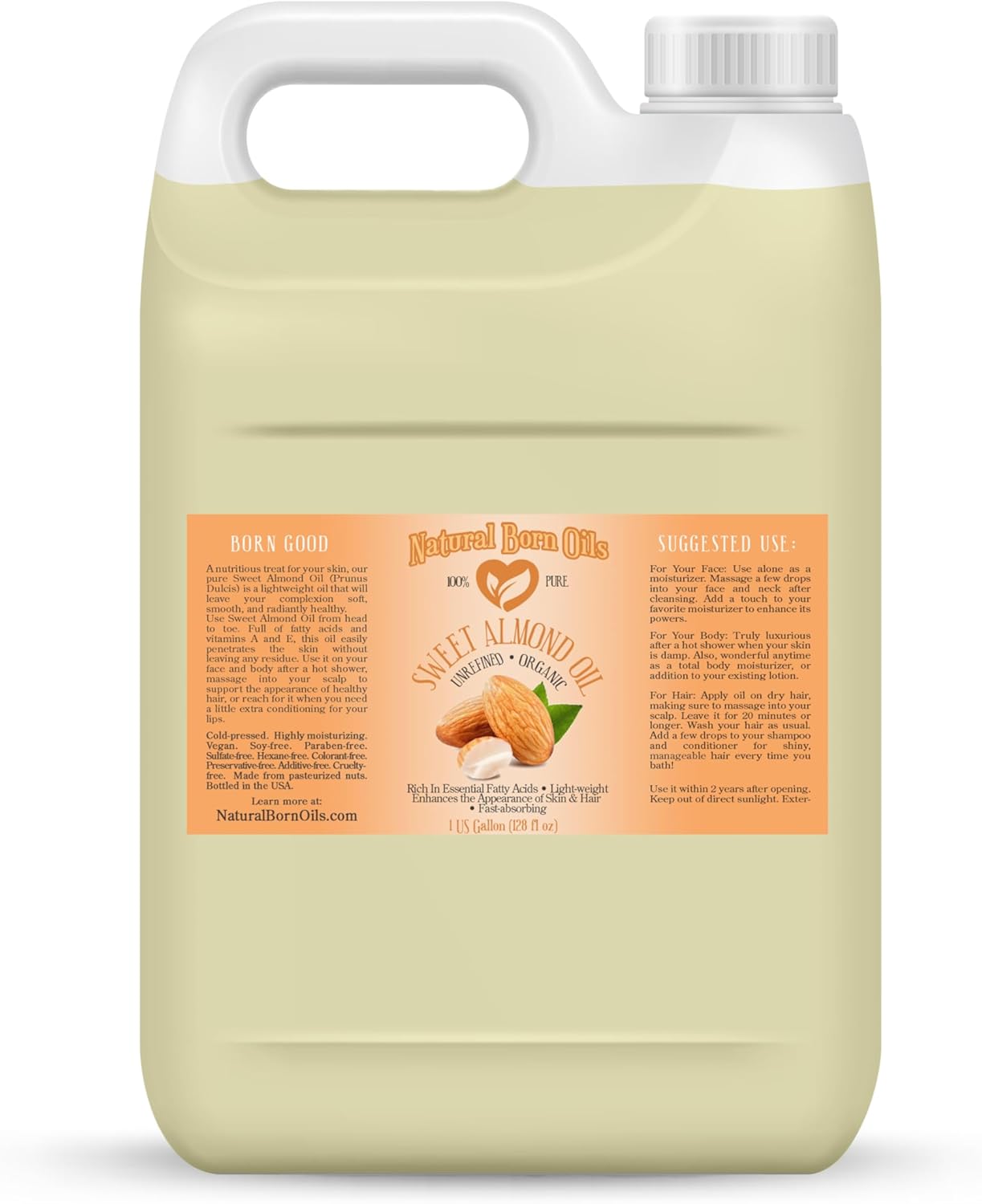 Sweet Almond Oil, 1 Gallon, Organic, Cold-Pressed, Nutrient-Rich, Excellent for Soft Skin, Lustrous Hair. Natural Born Oils.