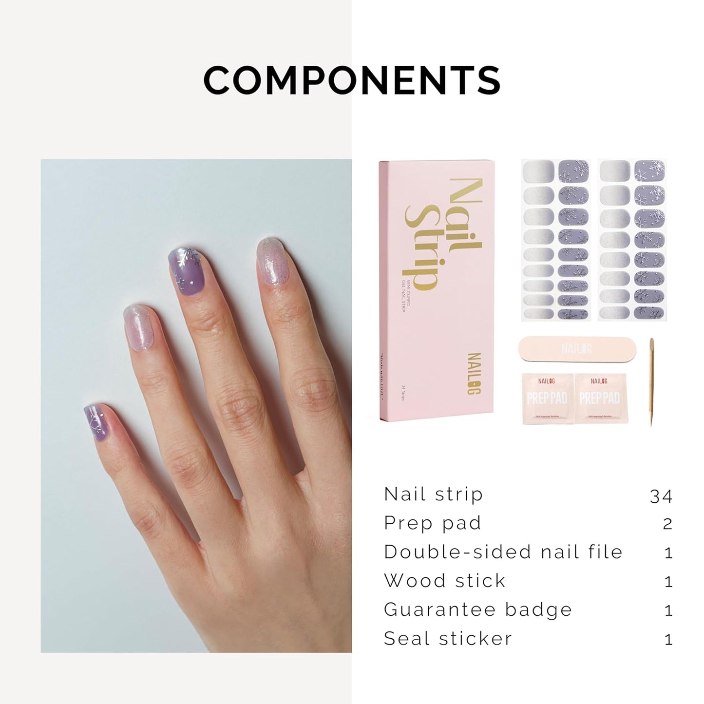 NAILOG Semi Cured Gel Nail Strips - 34 pcs Salon-Quality Winter Nail Wraps with Soft Gel Finish (Snow Rain)