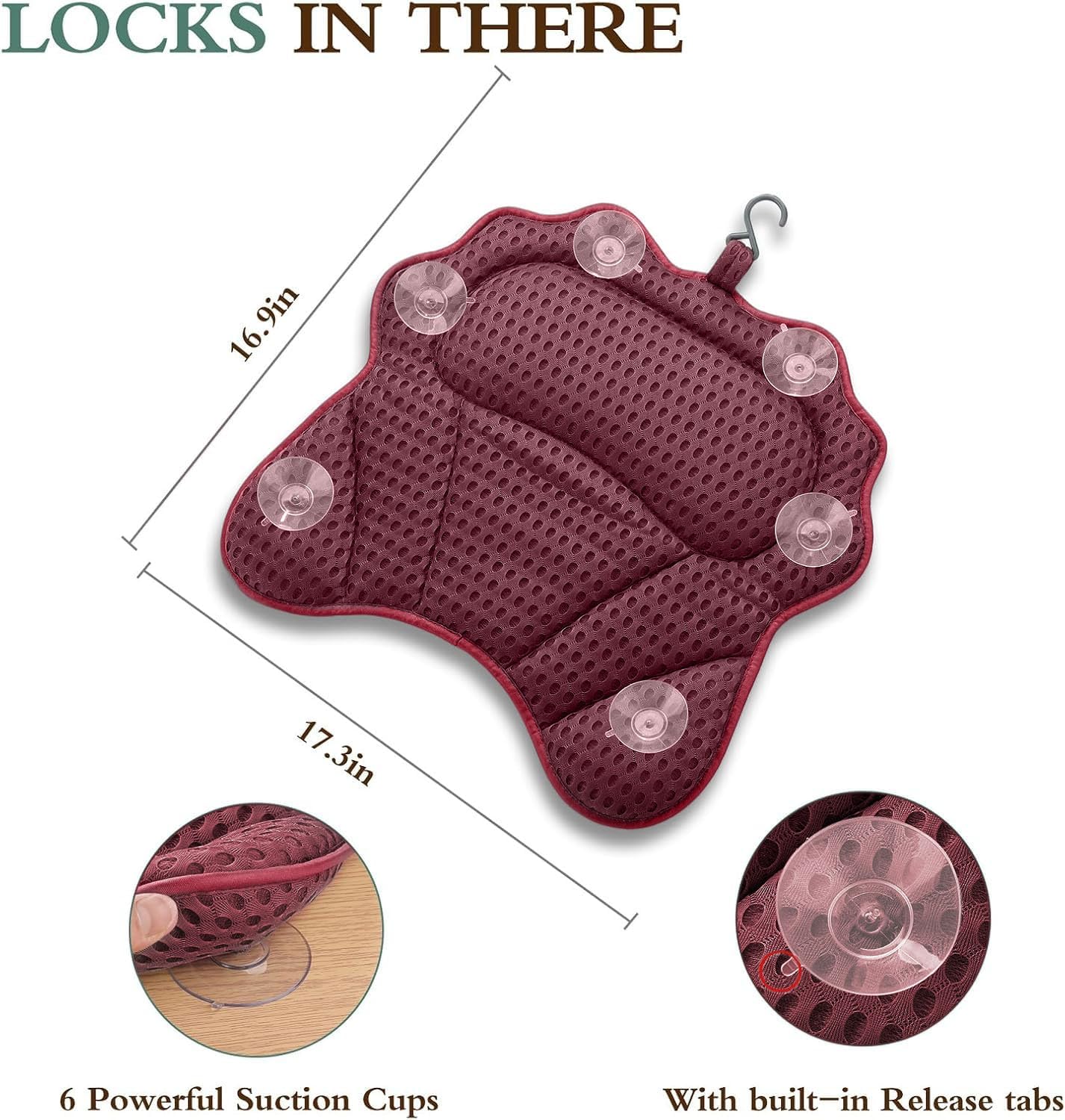 Bath Pillow RUVINCE Ergonomic Luxury Bathtub Pillow with Head,Neck, Shoulder and Back Support, 4D Bath Pillows for tub with 6 Powerful Suction Cups, Fits All Bathtub, Spa Tub, Hot Jacuzzi (Dark red)