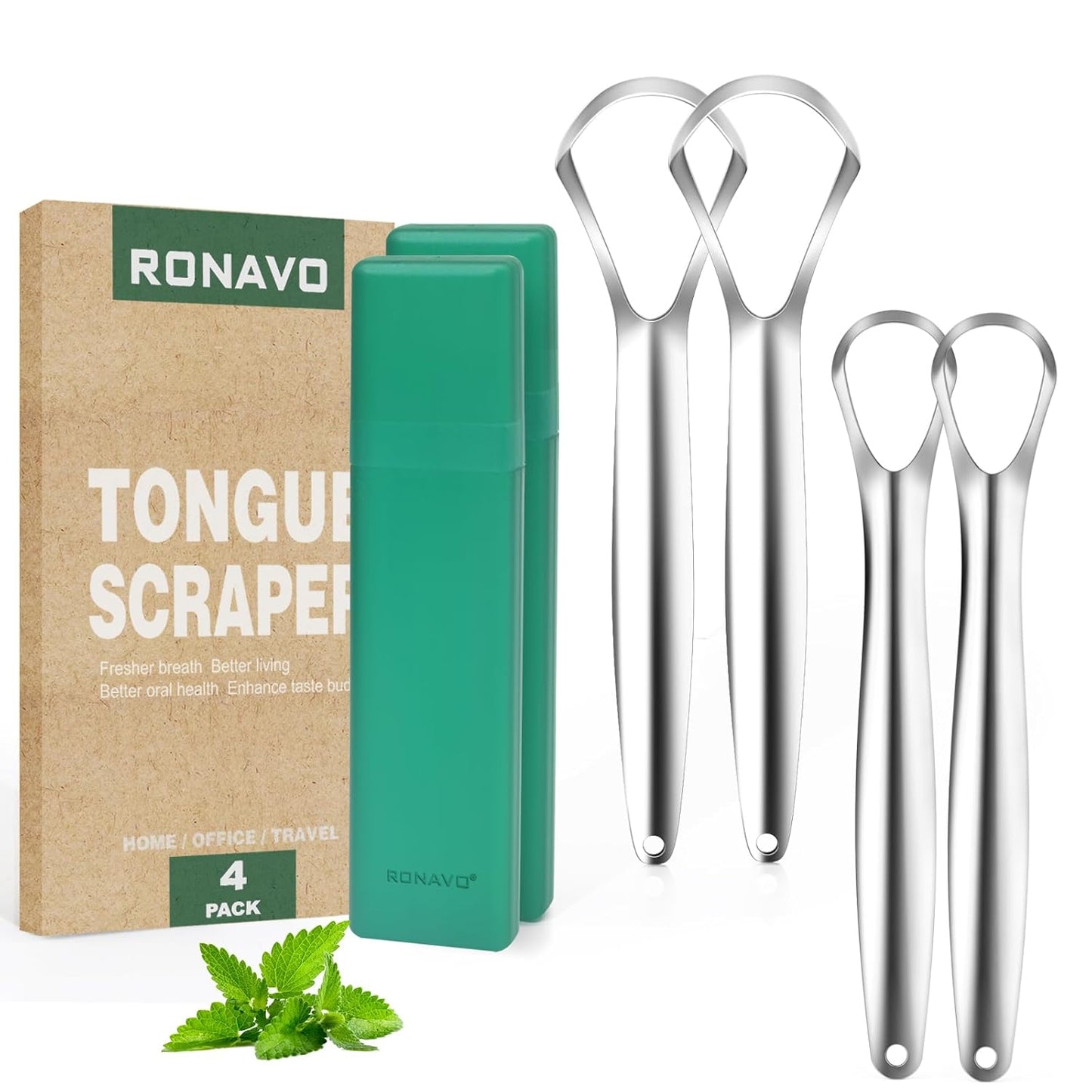 RONAVO Tongue Scraper Cleaner for Adults and Kids with Handy Travel Case, Professional Heavy Duty Scraper, Healthy Oral Care, Fights Bad Breath Odor, Easy to Use, 2 Sizes (4 Pack)