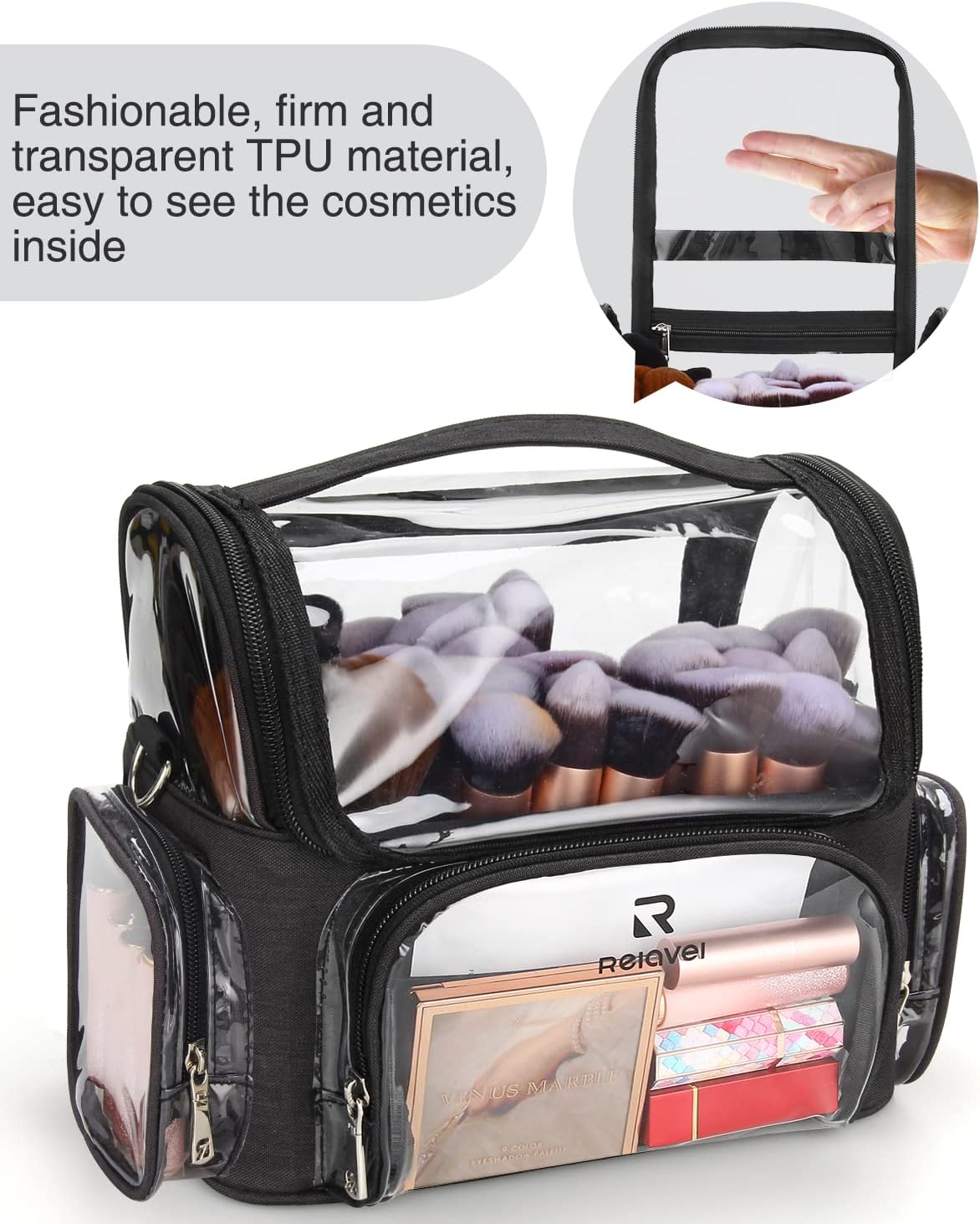 Makeup Brush Case, Large Makeup Brush Holder Professional Makeup Artist Travel Case Clear Waterproof Cosmetic Organizer Bag, Full Open Easy to Access, with Adjustable Strap and Dividers