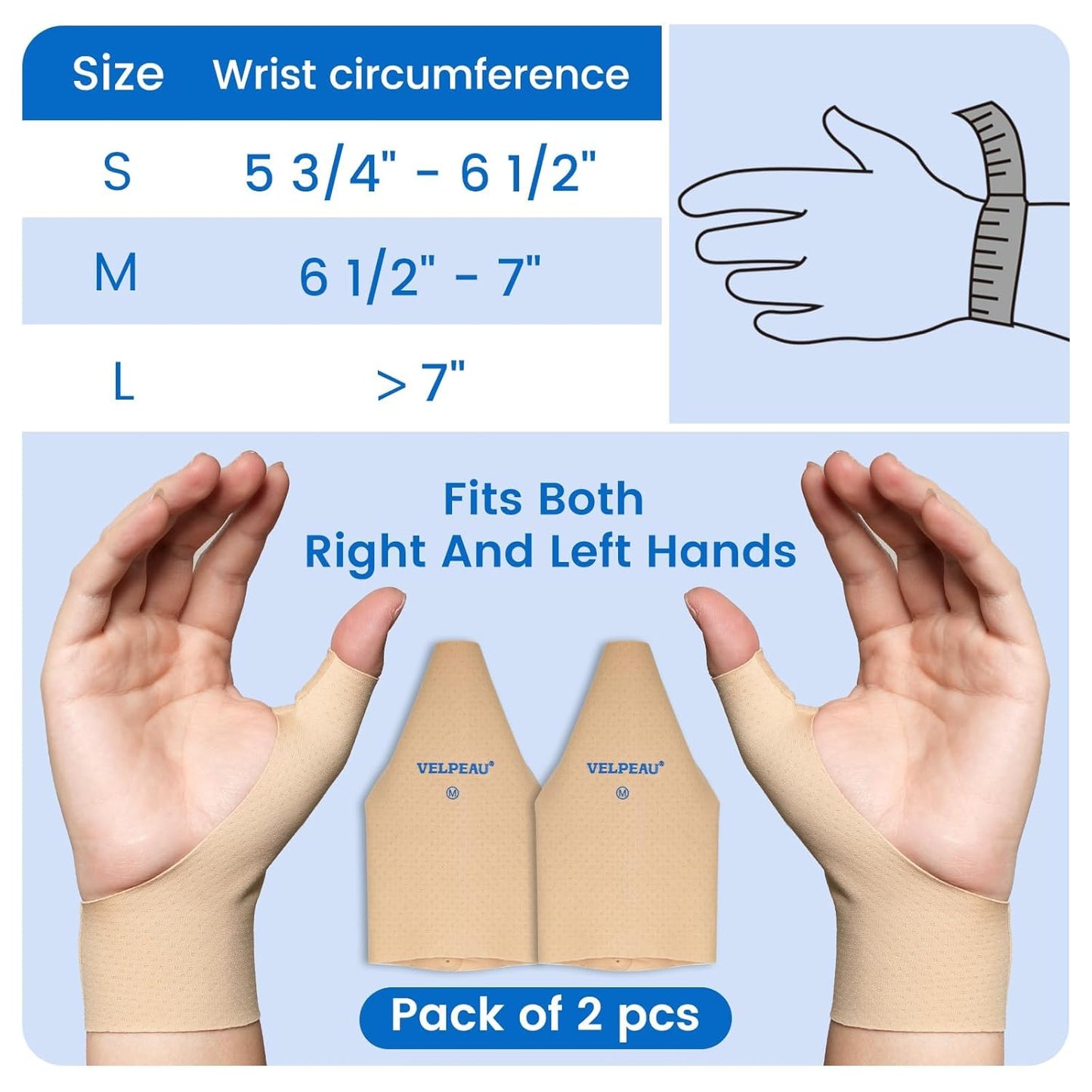 VELPEAU Thumb and Wrist Compression Sleeve for Tendonitis (Pack of 2), Seamless Technology, Gloves Wraps for Arthritis Pain Relief for Women & Men, Splint Liner, Fits Both Hands (Khaki, Long Version, M)