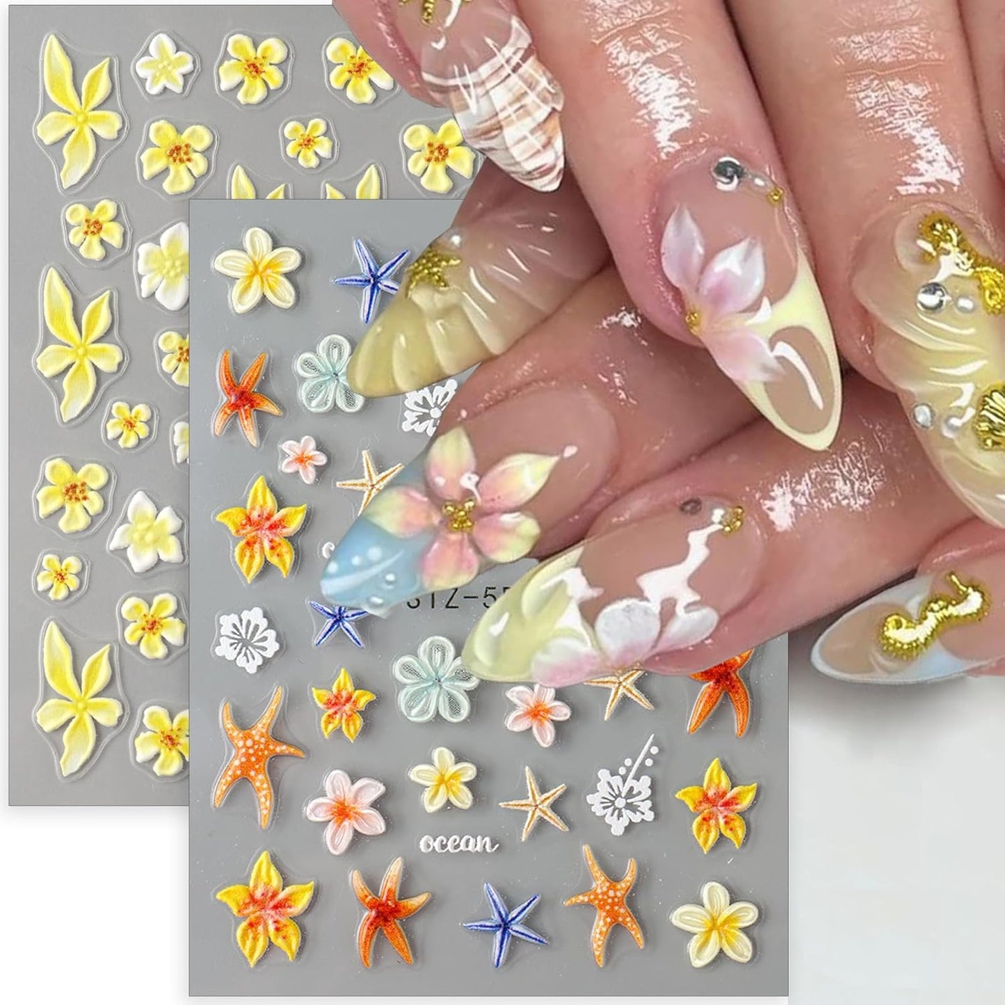 5D Embossed Flower Nail Art Stickers Decals 2 Sheets Summer Flowers Nail Stickers Ocean Starfish Nail Decals Yellow Lily Hibiscus Tropical Floral Nail Art Design Supplies for Women DIY Manicure Decor