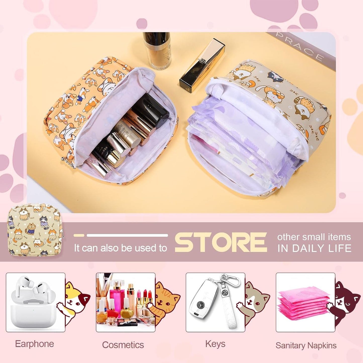 Period Bag, Canvas Sanitary Napkin Storage Bag for Girls Womens, Portable Sanitary Napkin Period Pad Pouch for Purse, Small Make Up Bags(F513B-H)