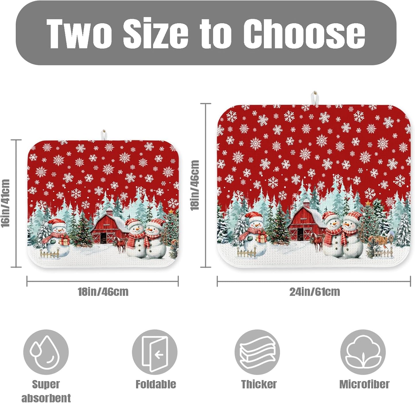 Dish Drying Mat for Kitchen Counter Large 18" x 24" Christmas Farmhouse Rustic Snowman Absorbent Microfiber Dishes Drainer Rack Mats Pad Reusable Washable