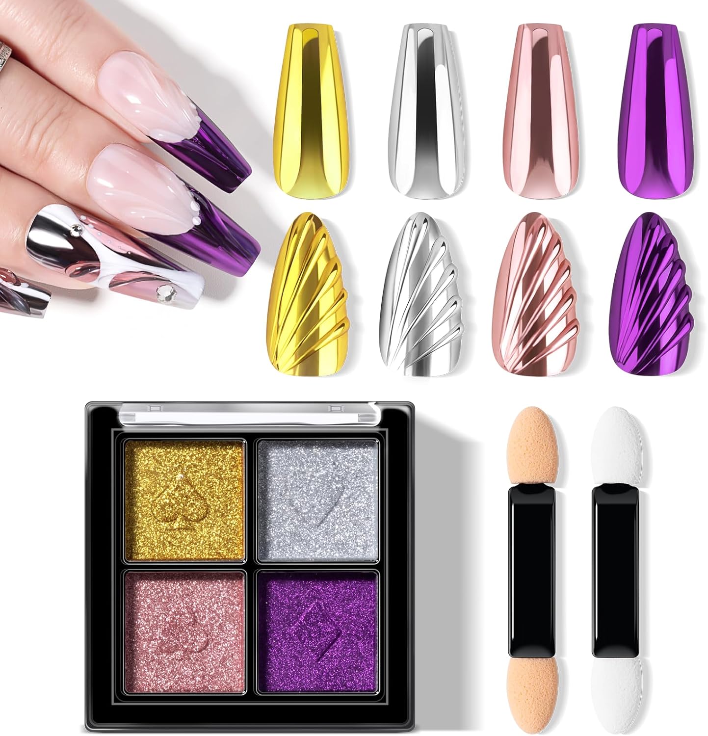 NXJ INFILILA Gold Silver Chrome Nail Powder, Metallic Mirror Pigment Glitter Effect 4 Colors Holographic Rose Gold Pink Chrome Powder for Gel Nails, Manicure Nail Art Decoration Gift for Women