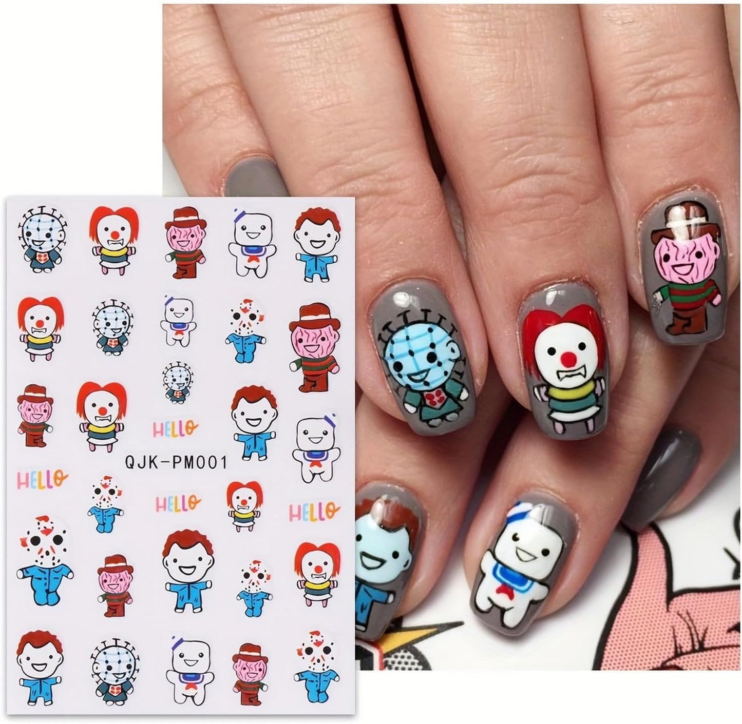 Halloween Nail Art Stickers 8 Sheets Cute Ghost Pumpkin 3D Self-Adhesive Nail Decals Q-Version Horror Movie Characters Skull Spider Web Nail Decorations Fall DIY Nail Supplies for Women Girls&Kids