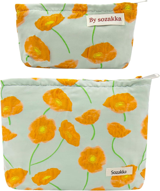 2 Pcs Makeup Bags, Large Cosmetic Bag Travel Toiletry Bag Organizer for Women, Embroidery Craft, Floral Makeup Bag Small Cosmetic Pouch Purse with Zipper Gifts for Girls Teen