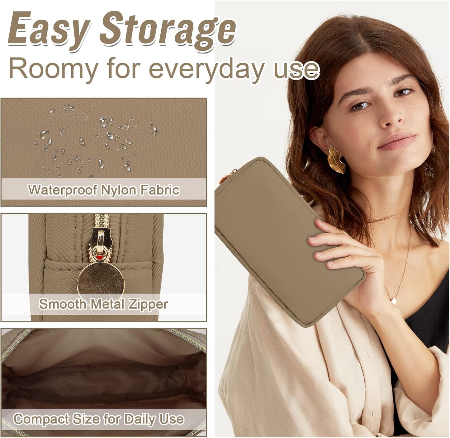 Nylon Small Makeup Bag for Purse, Preppy Cute Makeup Bag Cosmetic Zipper Pouch Purse, Waterproof Portable Travel Toiletry Bag Clutch Make Up Brush Bag Organizer Storage for Women Men Girls(Khaki)