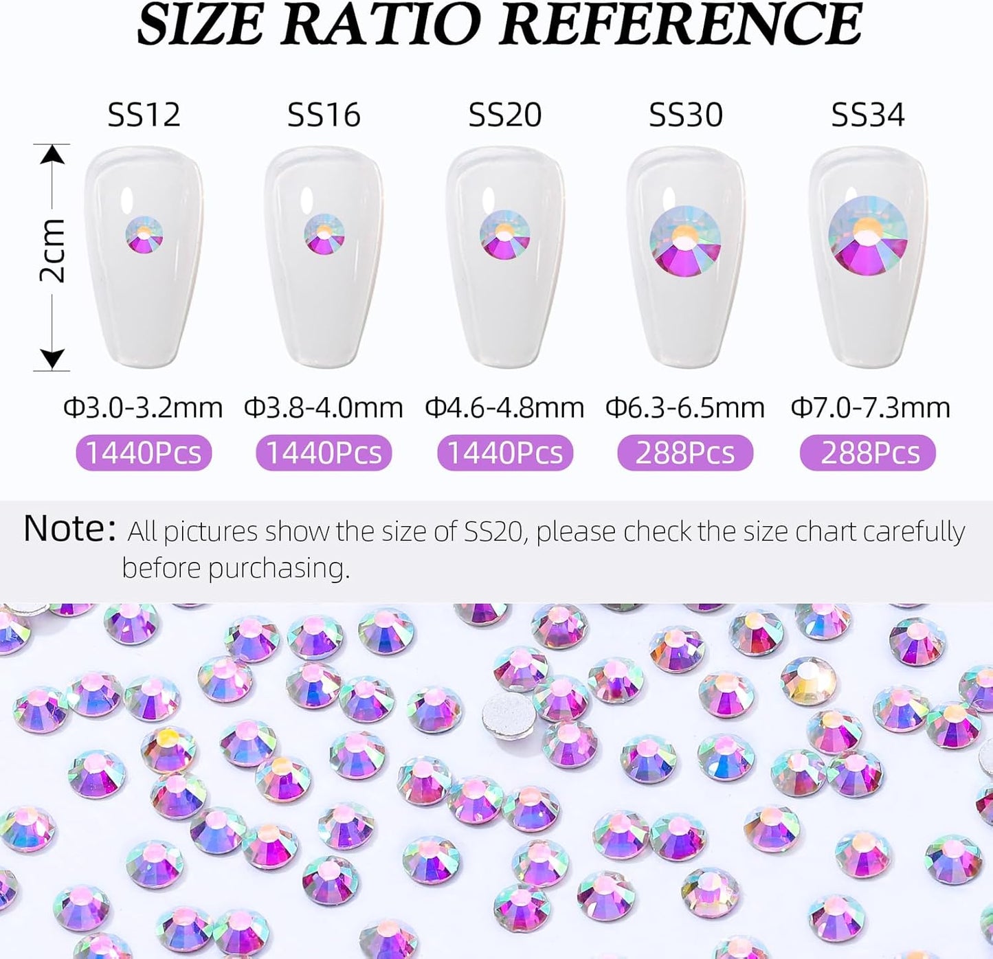 Crystal AB Flatback Rhinestones, Glass Rhinestones for Nail Art and Craft, Glue Fix, Loose Crystal Gemstones(Crystal AB, SS12, 1440pcs, 2.9-3.0mm)