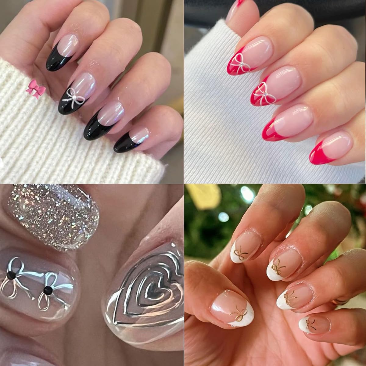 Bows Nail Stickers - Black & White Bow Knot Designs for Simple & Cute Valentines Nail Art - Pink, Red, Silver - 3D Self-Adhesive Stickers for Women - 6 Sheets