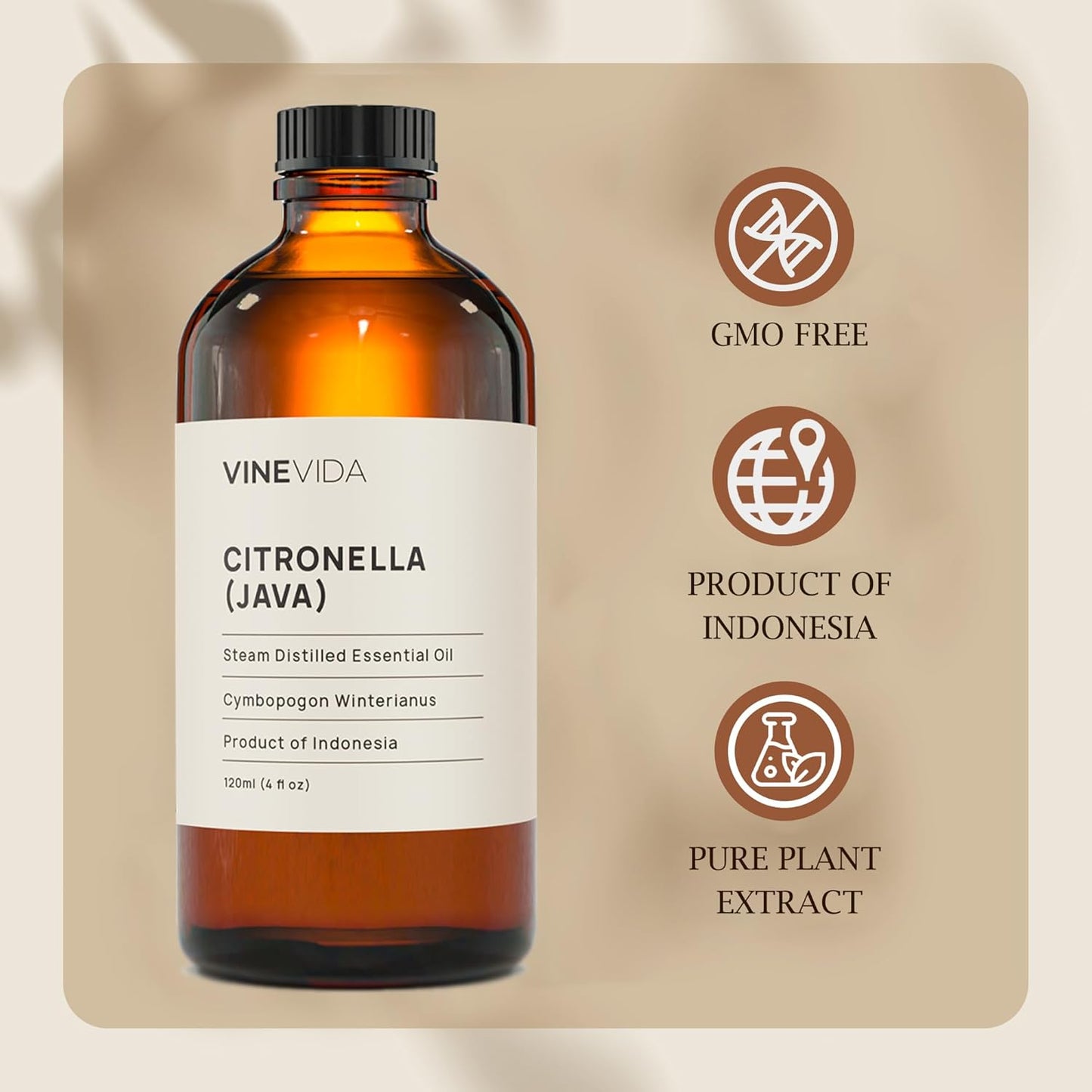 VINEVIDA Citronella Java Essential Oil 4 oz - Undiluted Citronella Oil 4 oz - Citronella Candle Oil Scent - DIY Candle Scents for Candlemaking - Bulk Essential Oil for Soap Making Safe for Skin