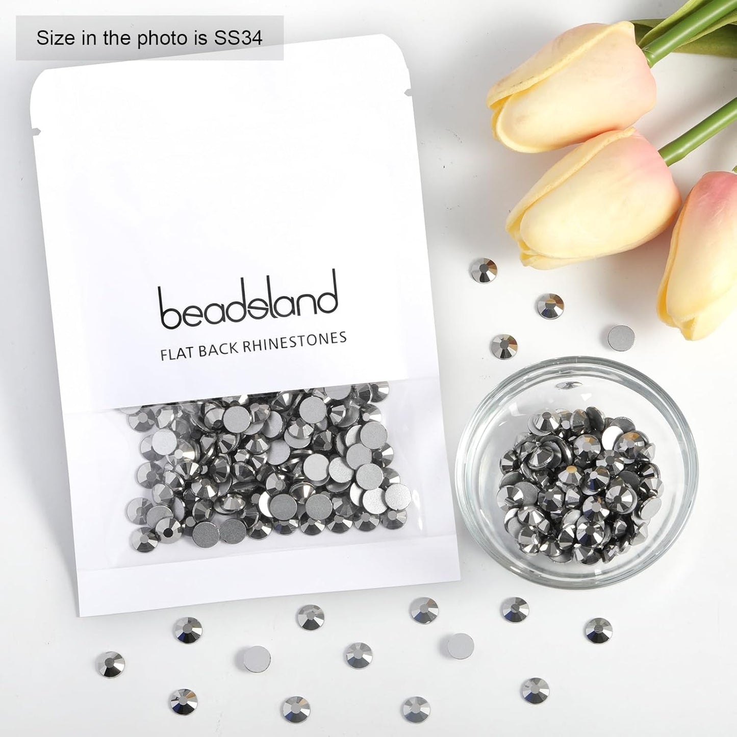 Beadsland 288pcs Flat Back Crystal Rhinestones Round Gems for Nail Art and Craft Glue Fix, Hematite, SS34,7.1-7.3mm