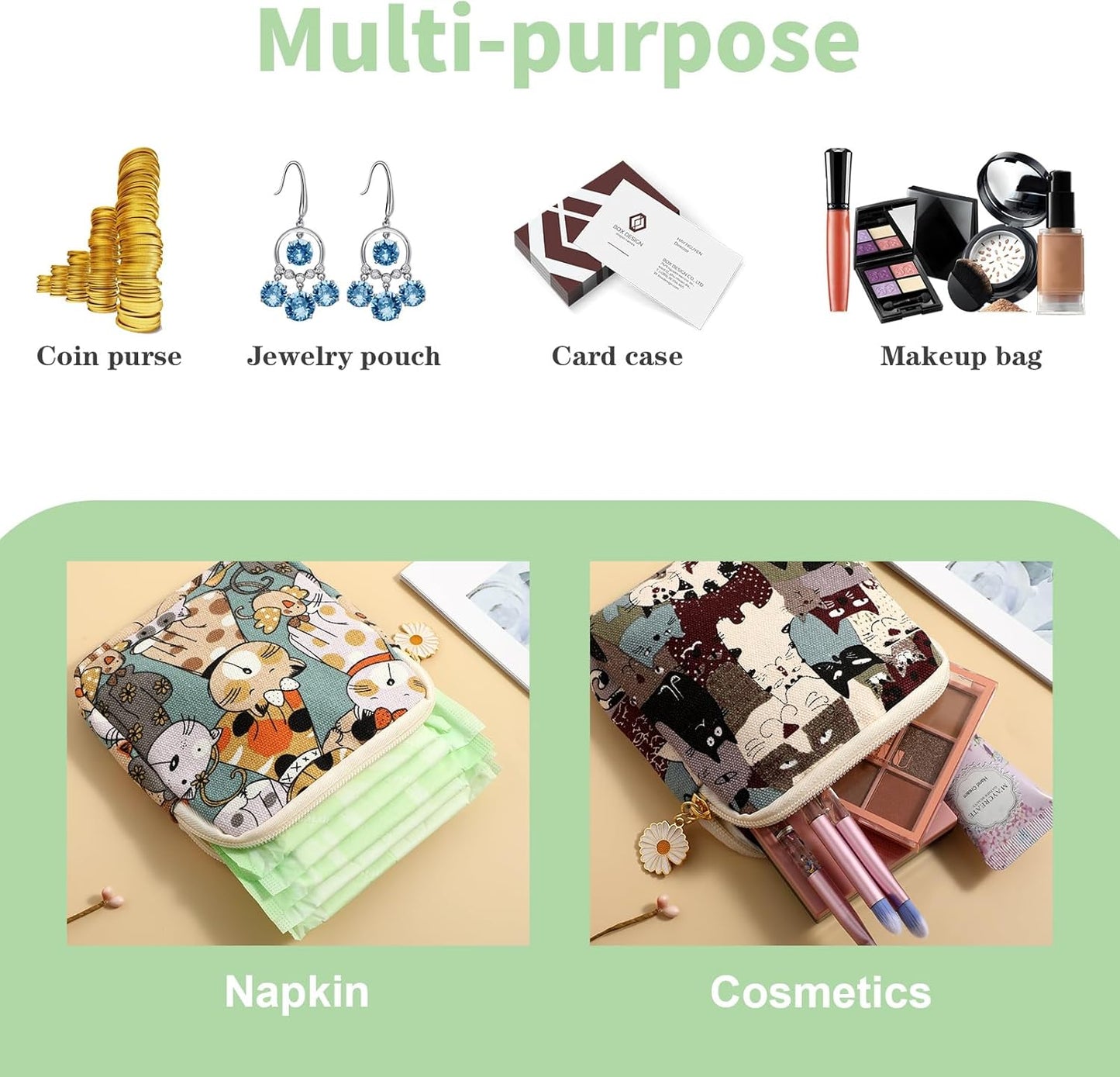 cobee 2PCS Sanitary Pad Storage Bag, Cute Sanitary Napkin Storage Purses Portable Period Bag with Daisy Zipper Panty Liner Tampon Menstrual Cup Nursing Pad Holder Pouch for Girls Women Travel(Cat)