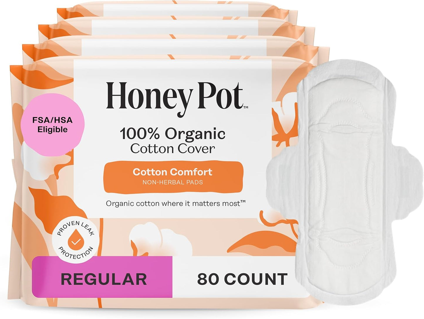 The Honey Pot Company - 80 ct - Sanitary Pads for Women - Non-Herbal Regular Flow w/Wings - Organic Cotton Cover & Ultra-Absorbent Pulp Core - Feminine Care