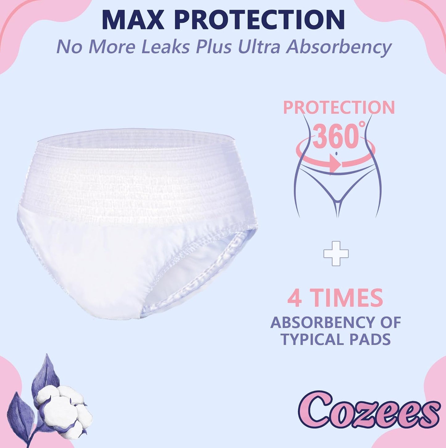 Cozees Disposable Period Underwear for Women, Menstrual and Postpartum High Absorbency, Cotton Covered Comfort, Made in USA (36 Count, XX-Large)