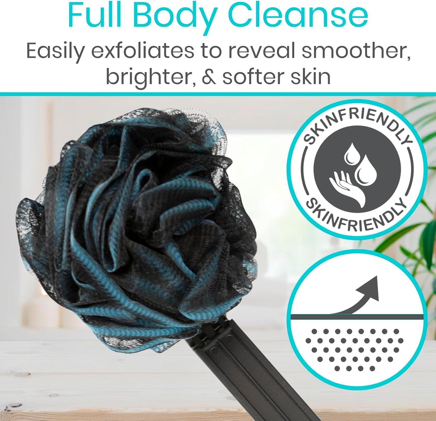 Vive Long Handled Loofah on a Stick - Mesh Back Sponge for Bath, Reusable w/Extra Pouf - Exfoliating Scrubber for Elderly & Disabled, Soft Loofa for Bathing Men & Women