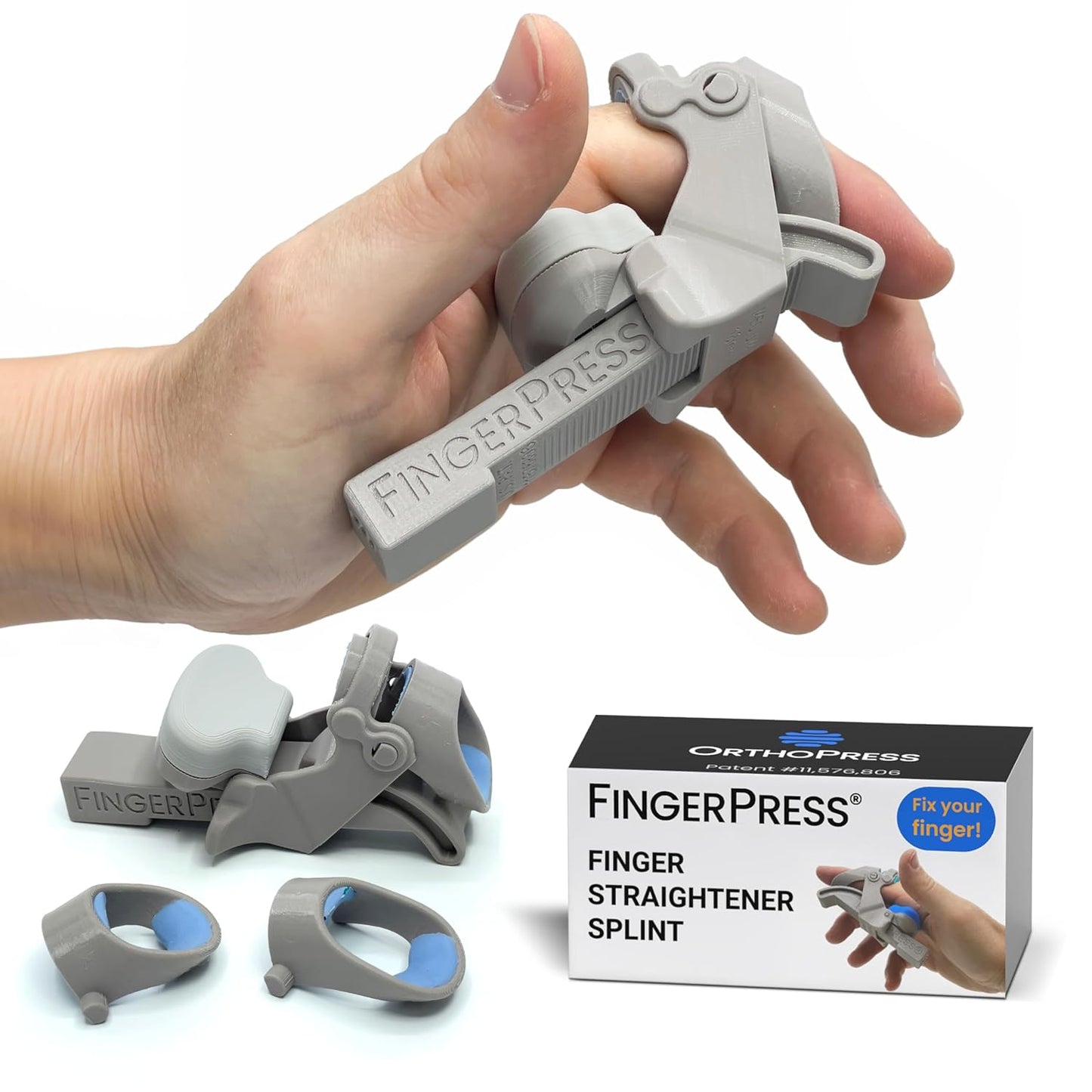 Finger Straightener | PIP Extension Orthosis/Splint For Bent Fingers, PIP Flexion Contractures | Adjustable Joint Stretcher Device | Made in USA | Gray/Medium