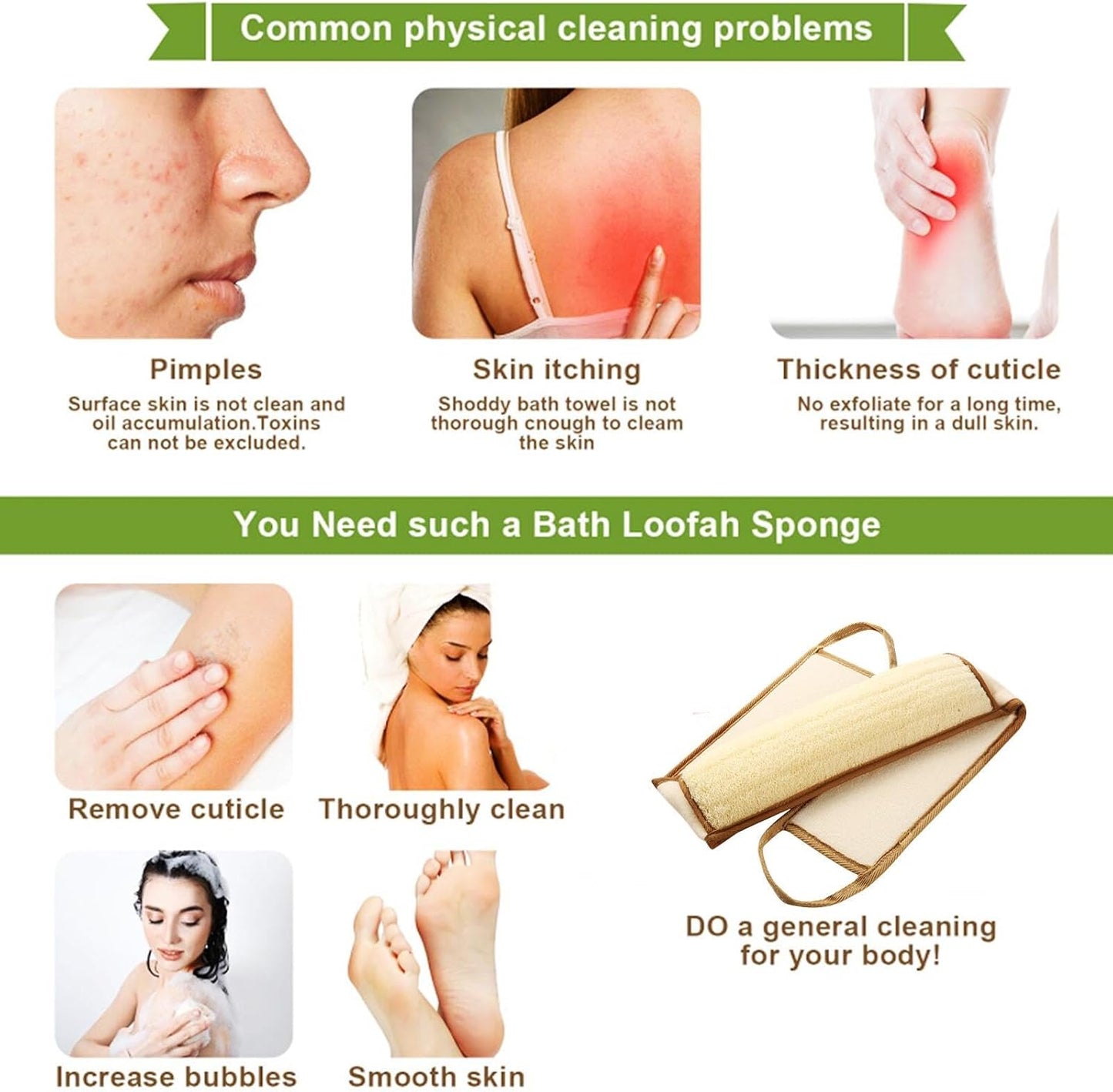 Exfoliating Natural Loofah Sponge Back Scrubber for Shower, Exfoliating Sponge for Shower, Bath Shower Scrubber for Men and Women, Luffa Scrubber to Clean Your Back Deeply Relax Your Body (2 Pack)