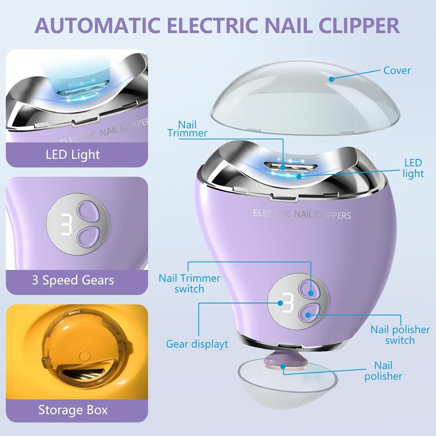 Type-C Professional Electric Nail File and Polish with LED Light & Polisher – 3 Adjustable Speeds, Safe Nail Clippers for Seniors, Adults and Kids, Built - in Storage, Effortless Manicure - Purple