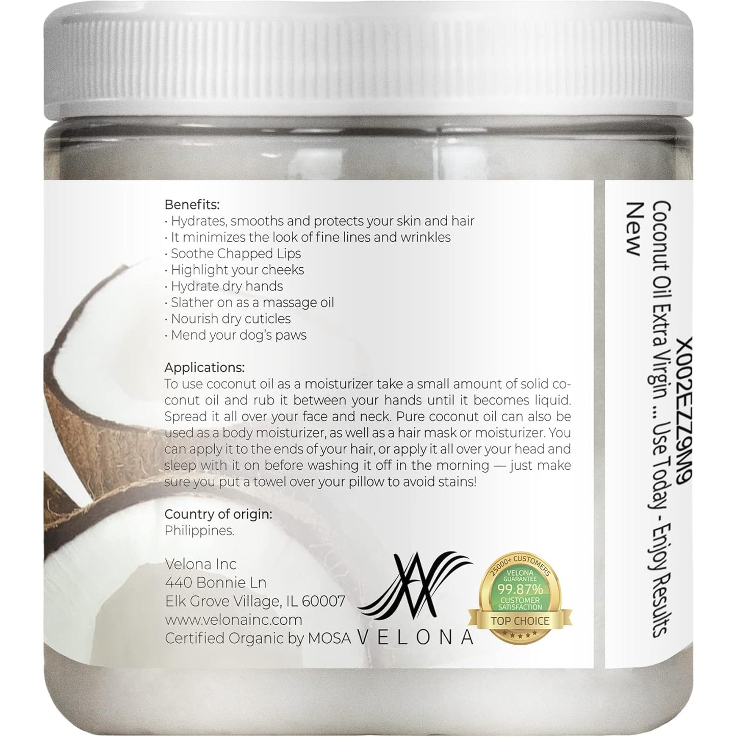 Velona USDA Certified Organic Coconut Oil Extra Virgin - 8 fl oz | Food and Cosmetic Grade | in jar | Extra Virgin, Cold Pressed