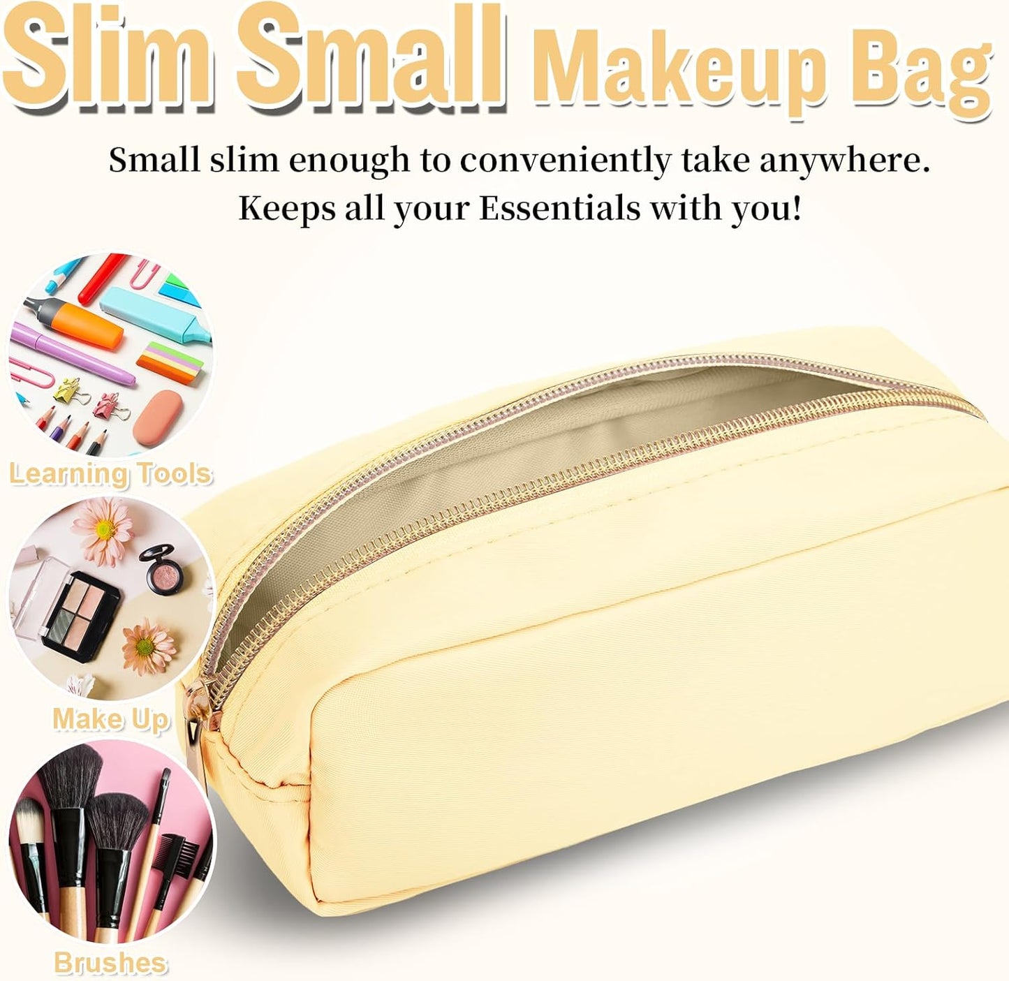 izuzta Nylon Small Makeup Bag Slim Pouch, Preppy Cute Makeup Brush Case Bag Cosmetic Zipper Pouch for Purse, Waterproof Travel Toiletry Bag Clutch Coin Pouch Makeup Organizer for Women Girls(Beige)