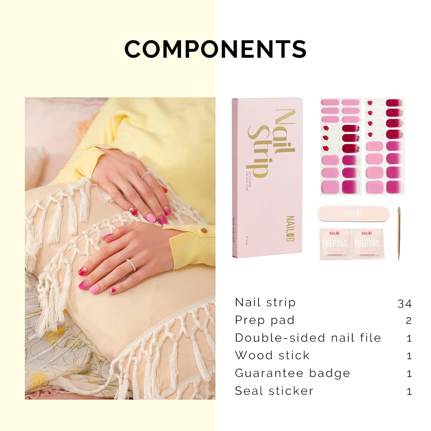 NAILOG Semi Cured Gel Nail Strips, 34 pcs Salon-Quality Gel Nail Stickers, Long Lasting Nail Wraps for Women with Soft Gel Finish | Strawberry Love