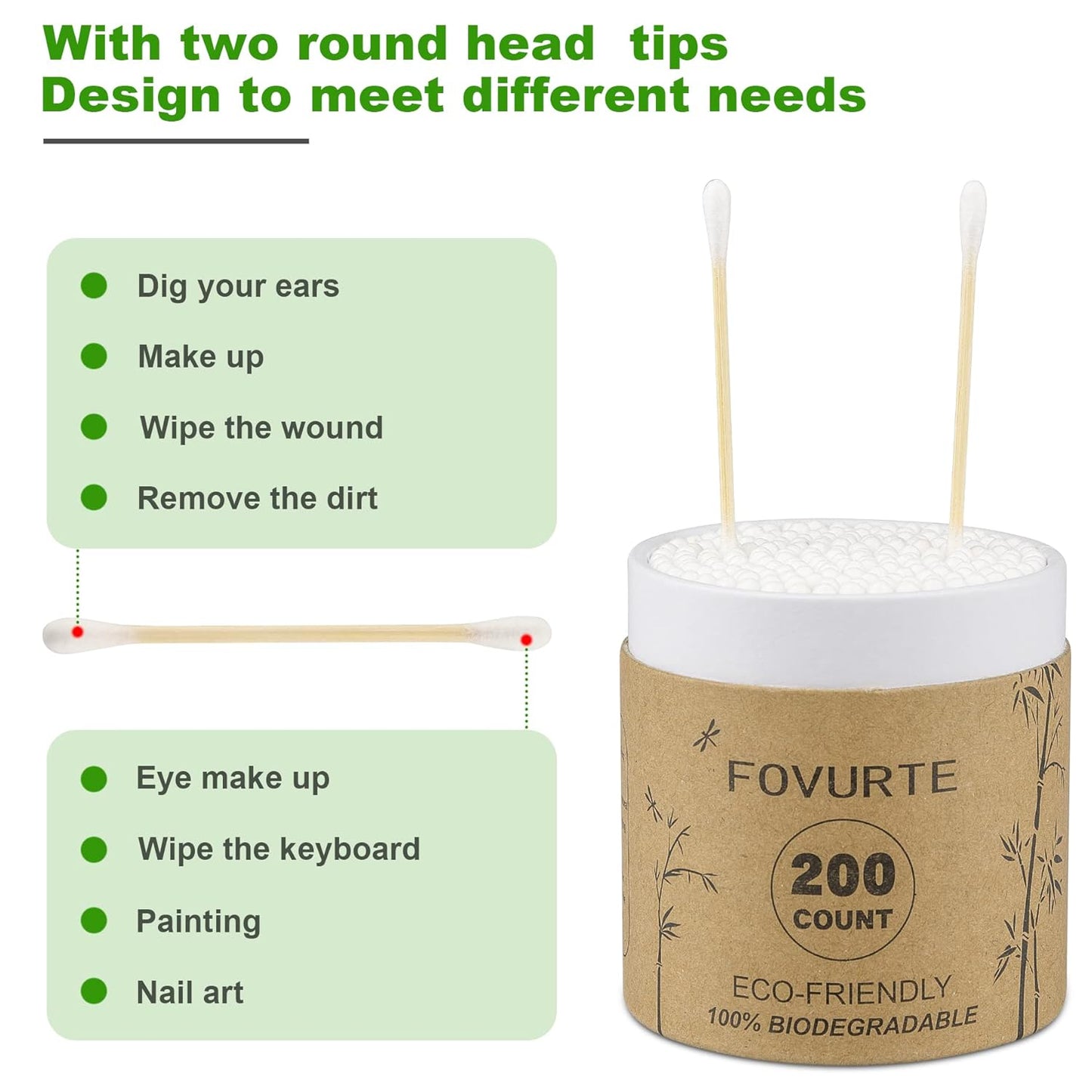 Bamboo Cotton Swabs 400 count, Organic Cotton Swab Round Tips, Natural Wooden Cotton Buds for Ears, Double Heads Ear Sticks Travel, Makeup Remover