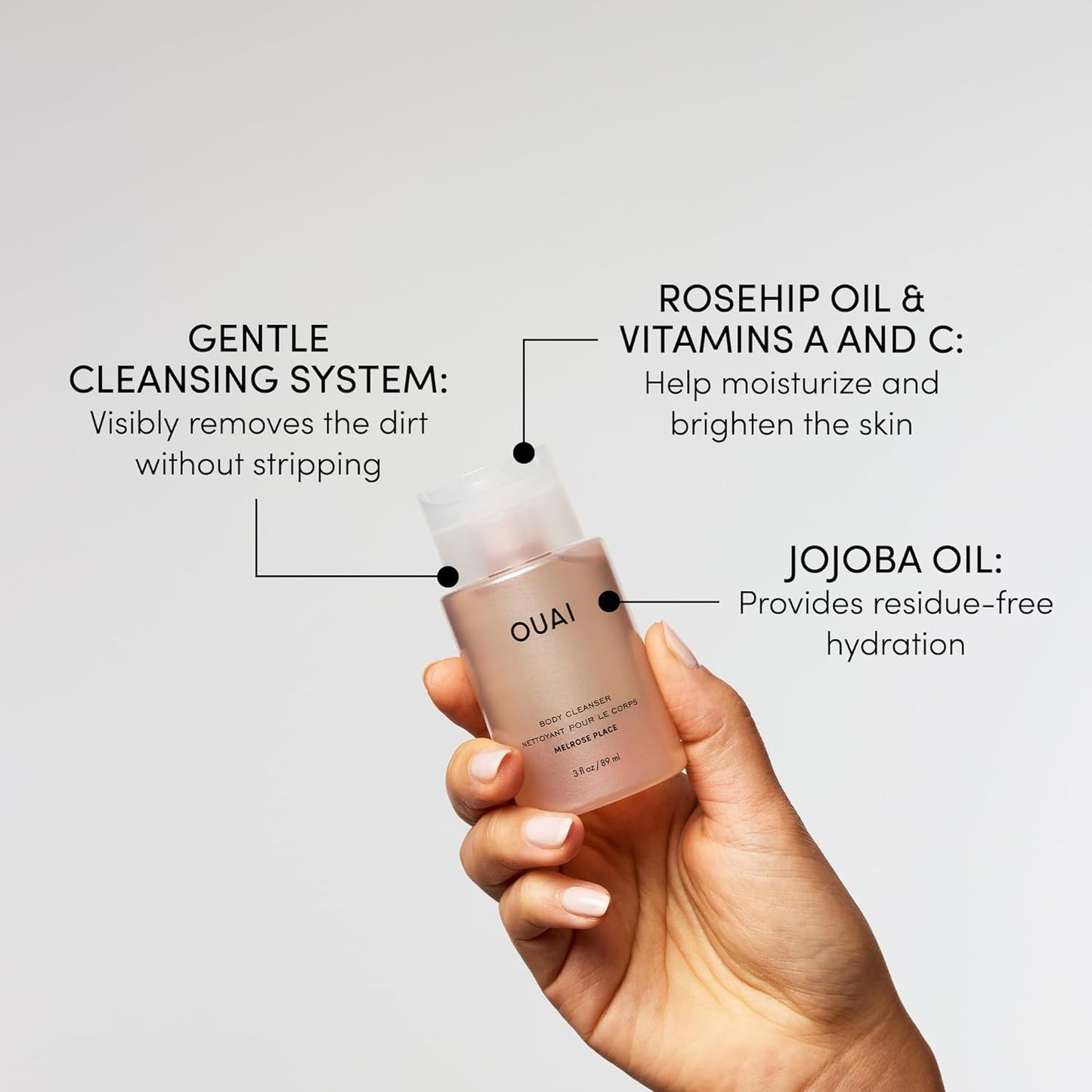 OUAI Body Cleanser Travel Size, Melrose Place - Foaming Body Wash with Jojoba Oil & Rosehip Oil to Hydrate, Balance & Soften Skin - Paraben, Phthalate, Sulfate Free Skin Care Products (3 Fl Oz)