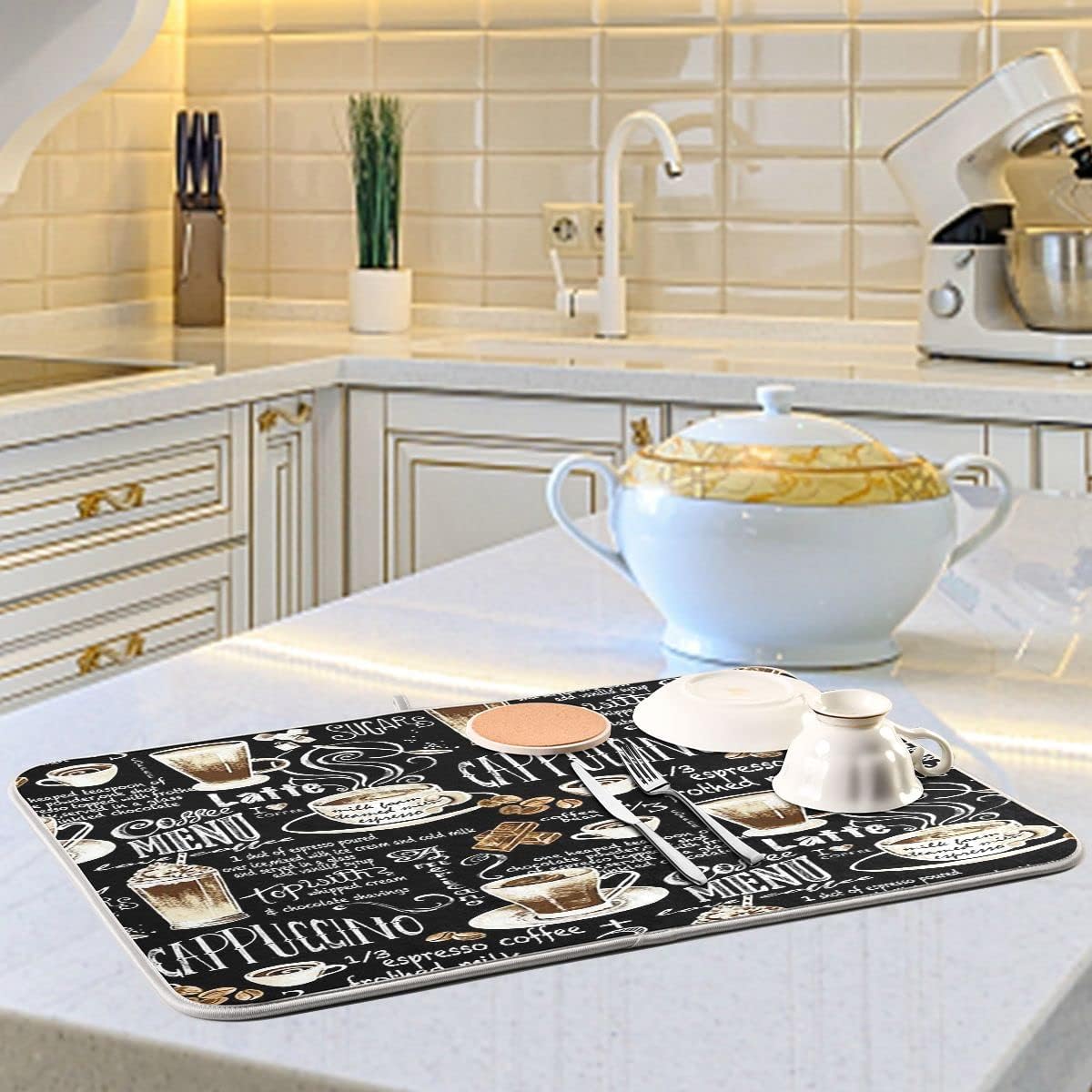 Coffee Black Dish Drying Mat for Kitchen Coffee Beans Maker Cappuccino Latte Chocolate Microfiber Drying Mats Absorbent Reversible Dish Pad Large Dish Draining Mat 18x24 inch