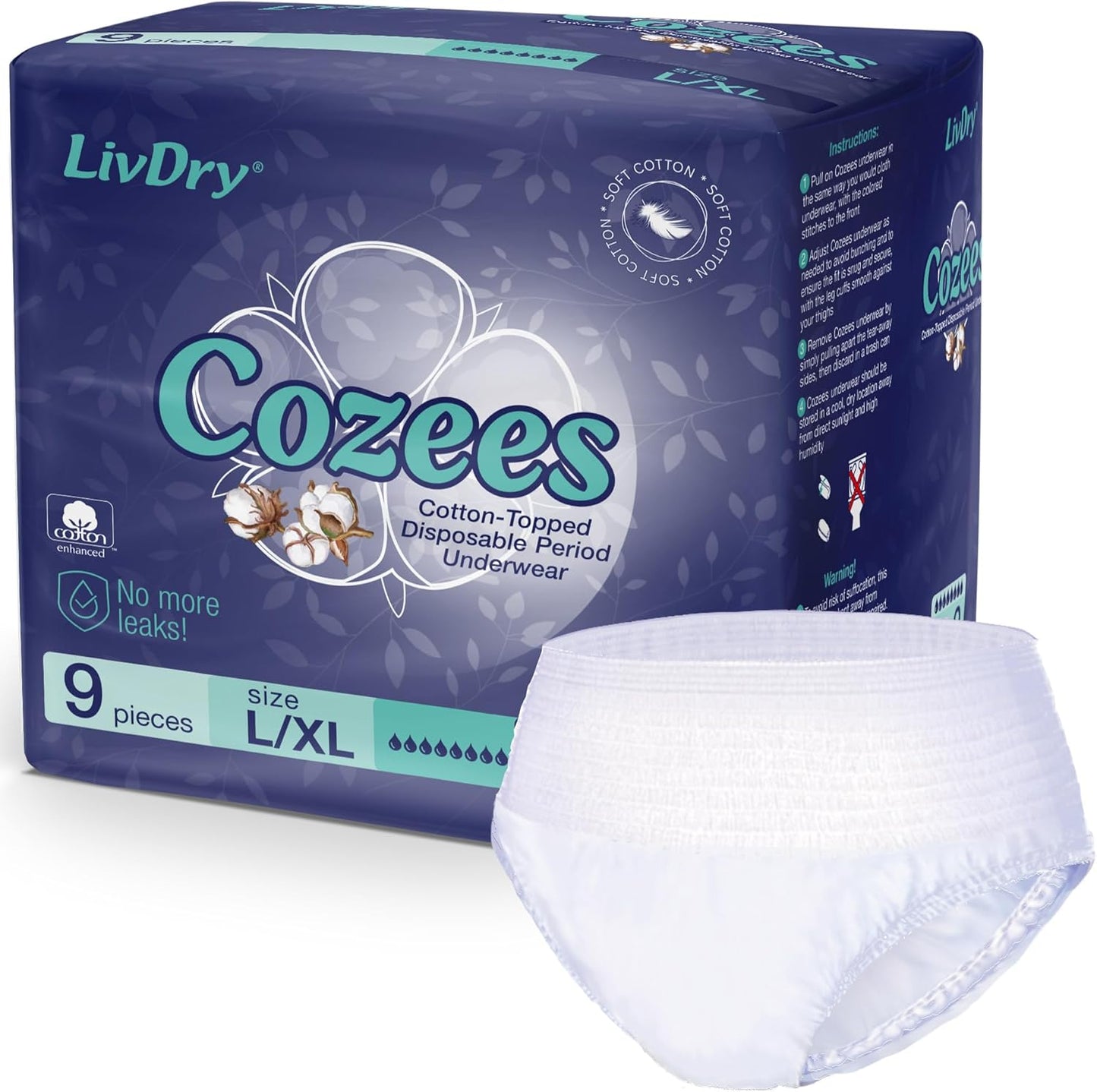 Cozees Disposable Period Underwear for Women, Menstrual and Postpartum High Absorbency, Cotton Covered Comfort, Made in USA (9 Count, Large/X-Large)