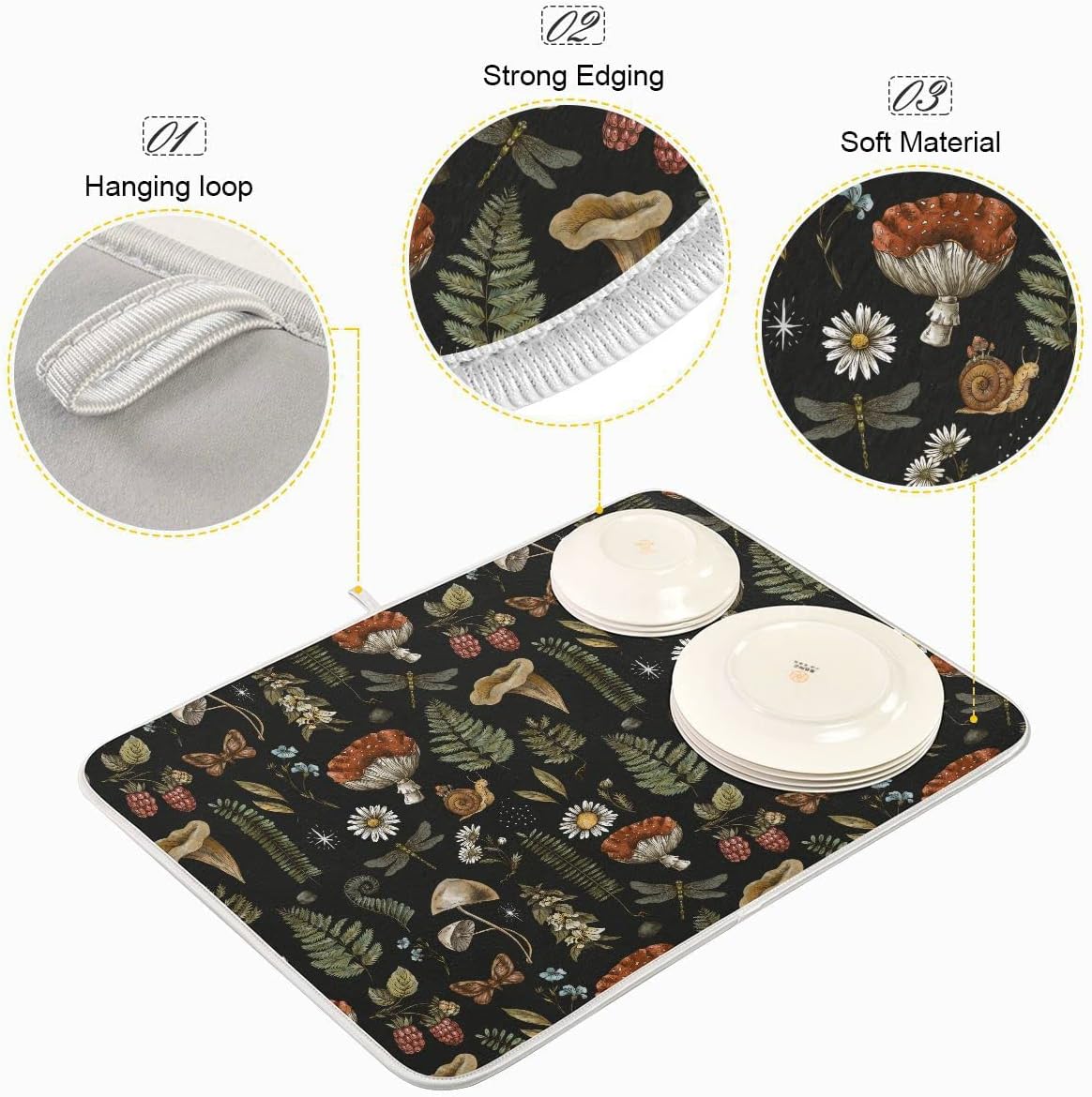 Mushroom Fern Leaves Berry Dish Drying Mat for Kitchen Counter Vintage Botanical Nature Drying Mats Super Absorbent Reversible Microfiber Kitchen Countertop Protector Dishes Pad Large18x24 inch