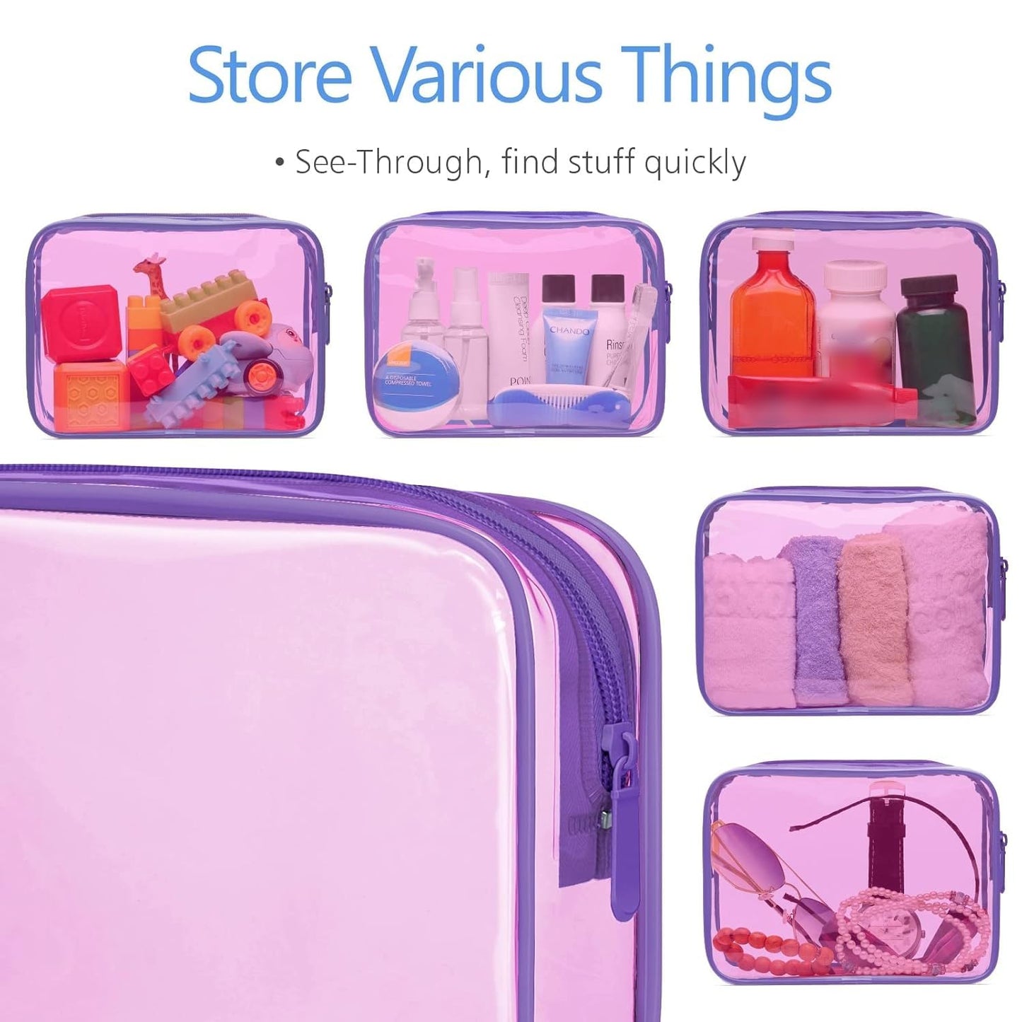 PACKISM TSA Approved Toiletry Bag - 3 Pack Quart-sized Clear Toiletry Bag with Zipper, Clear Makeup Bags Fit Travel Size Toiletries, Carry-onTravel Bags, Light Pinkish Purple