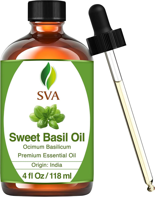 SVA Sweet Basil Essential Oil – 4 Fl Oz – 100% Natural Basil Oil - for Diffuser, Hair Care, Face, Skin Care, Aromatherapy, Scalp and Body Massage, Soap and Candle Making – with Dropper