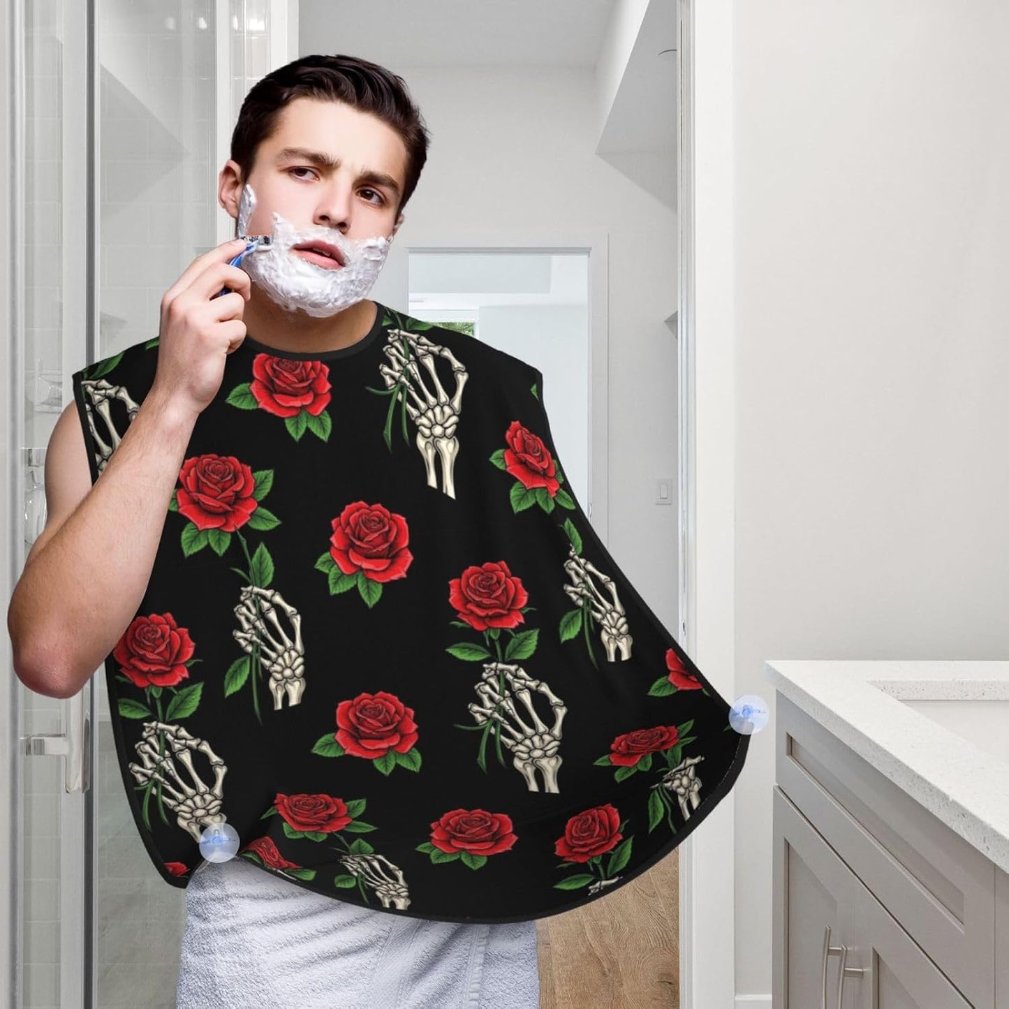 Beard Apron Hair Catcher, Black Goth Skull Skeleton Hand Holding Red Rose Shave Bib, Waterproof Non-Stick Shaving Bib, Trimming Grooming Tool for Dad Men Anniversary