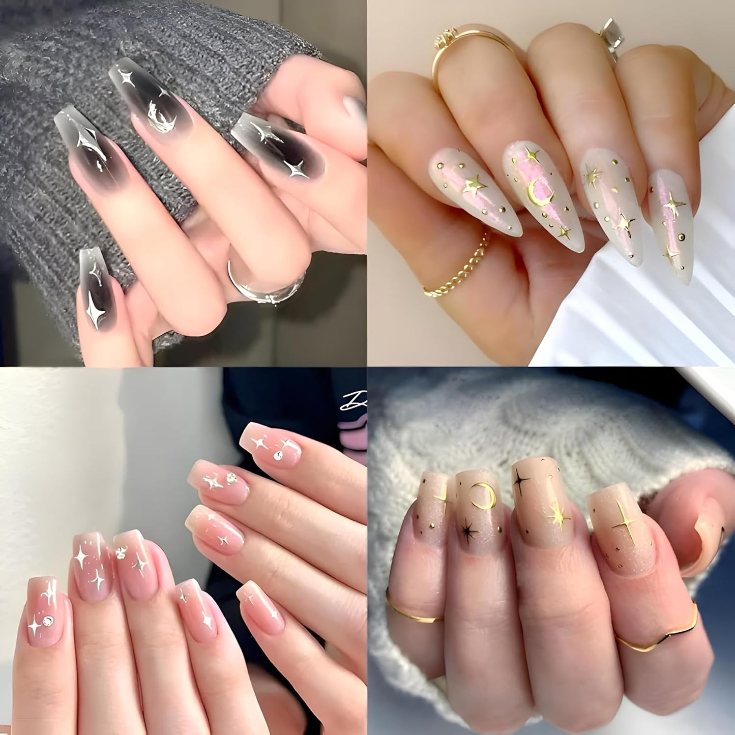 12 Sheets Star Nail Stickers for Nail Art Gold Moon Star Nail Art Stickers Decals 3D Self Adhesive Aurora Nail Decals Silver Star Nail Art Design Decoration Accessories for Women, Style 3