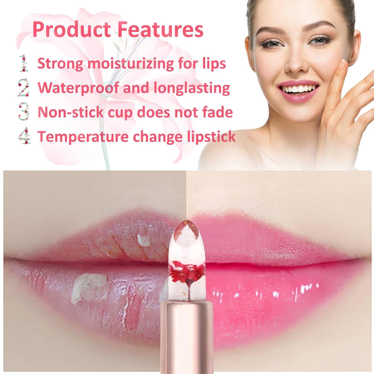 2 Pack Crystal Flower Jelly Lipstick,Magic Color Changing Lipstick,PH Clear Temperature Color Changing Lip Gloss,Lip Balm,Long Lasting Nourishing Moisturizing Lip Stick Set D02+03