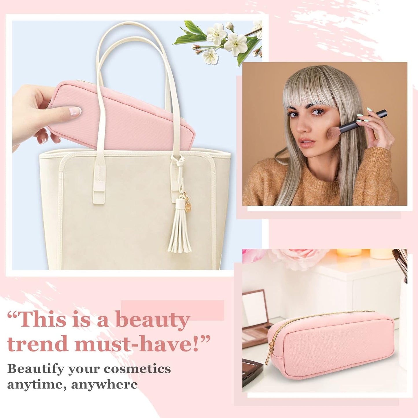 Nylon Slim Makeup Bag, Preppy Cute Makeup Brush Bag Pink Makeup Organizer for Women Men Girls - Waterproof Travel Toiletry Cosmetic Zipper Pouch