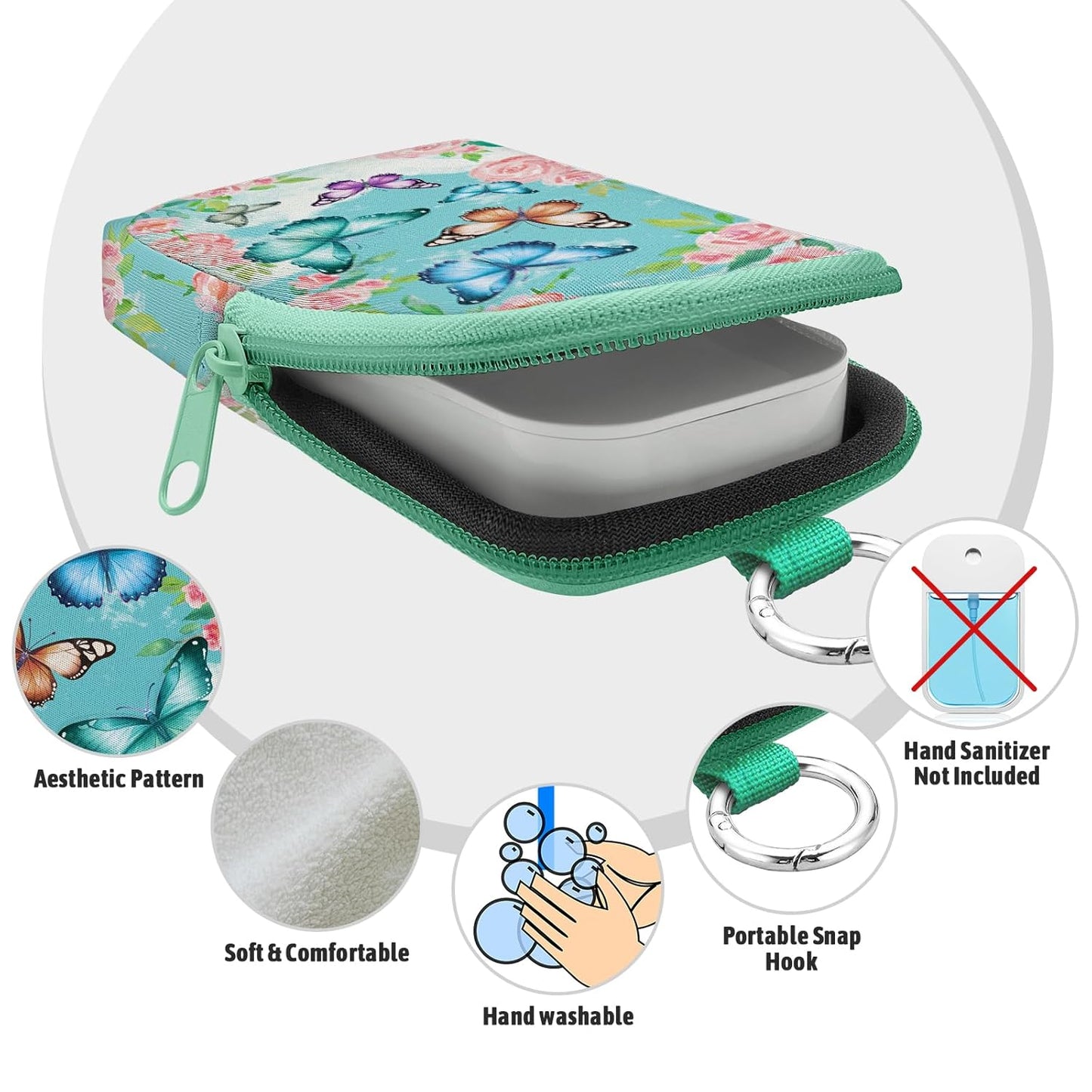 Butterfly Floral Hand Sanitizer Spray Case, Cute Hand Sanitizer Holder Zippered Pouch, Fashion Accessory with Snap Hook for Glow Mist and Power Mist 1FL OZ