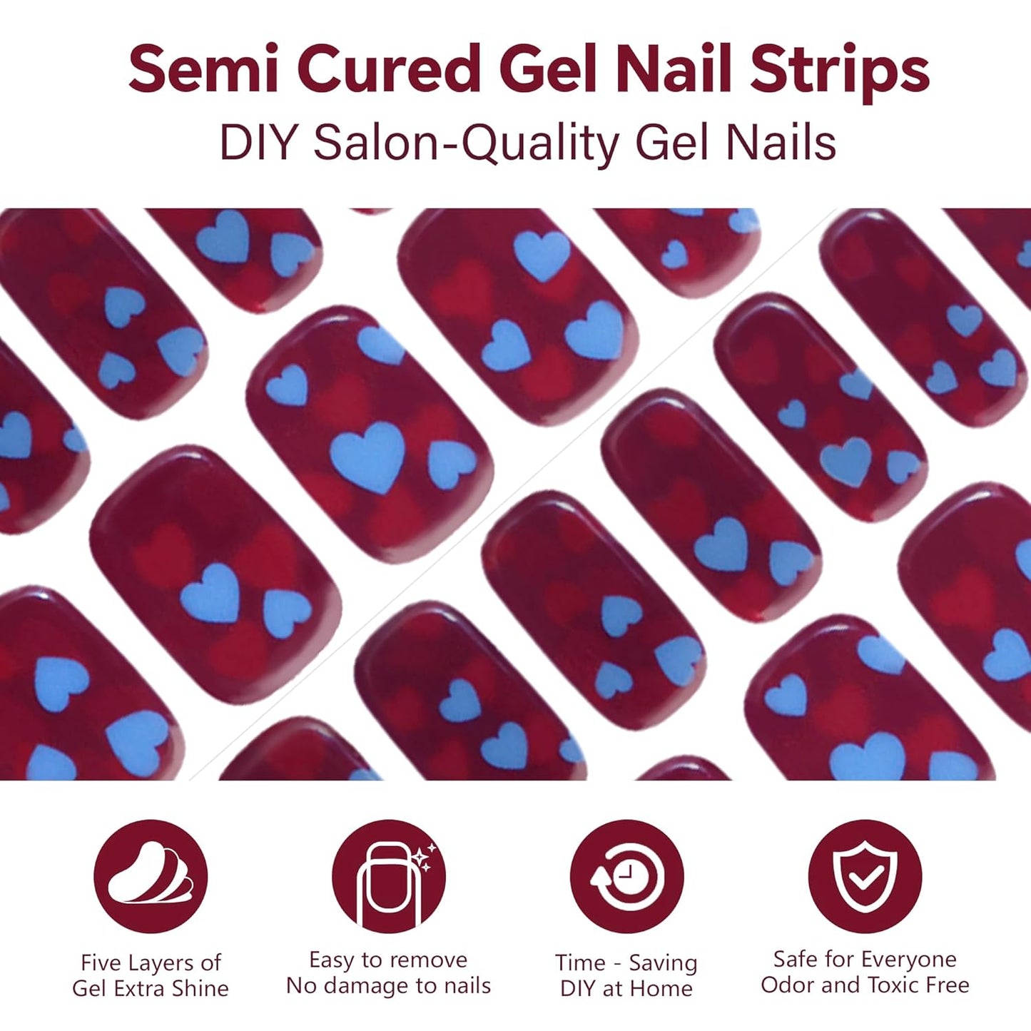Semi Cured Gel Nail Strips-Salon Quality Semi-Cured Gel Press On Nails Stickers Quick DIY Nail Art Manicure Kits for Women at Home Works with Any UV/LED Lamps(Love Bomb)