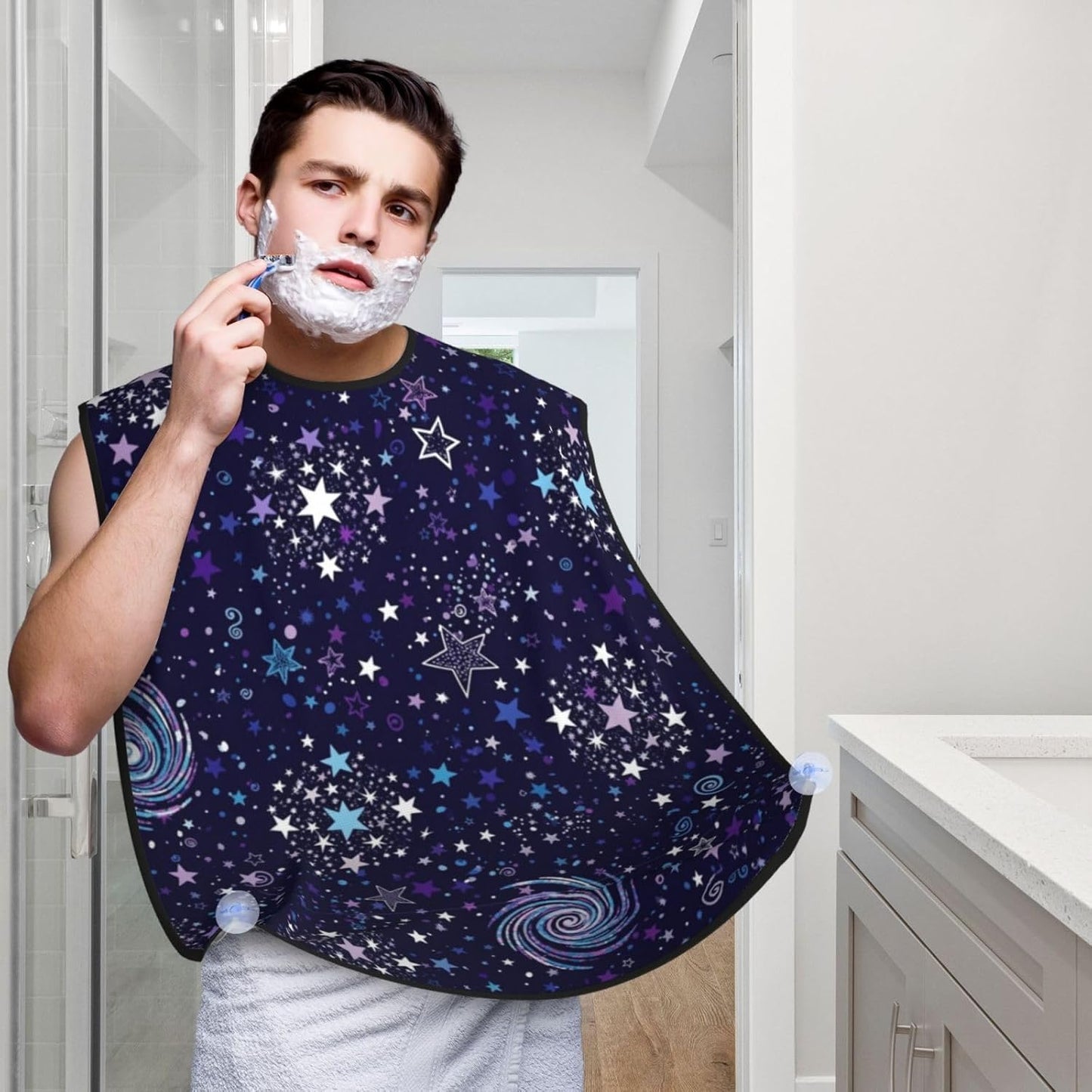 Strong Suction Cup Beard Grooming Bib, Non-Stick Hair Catcher, Waterproof, for Shaving, Space Galaxy Constellation Zodiac Star Purple Blue
